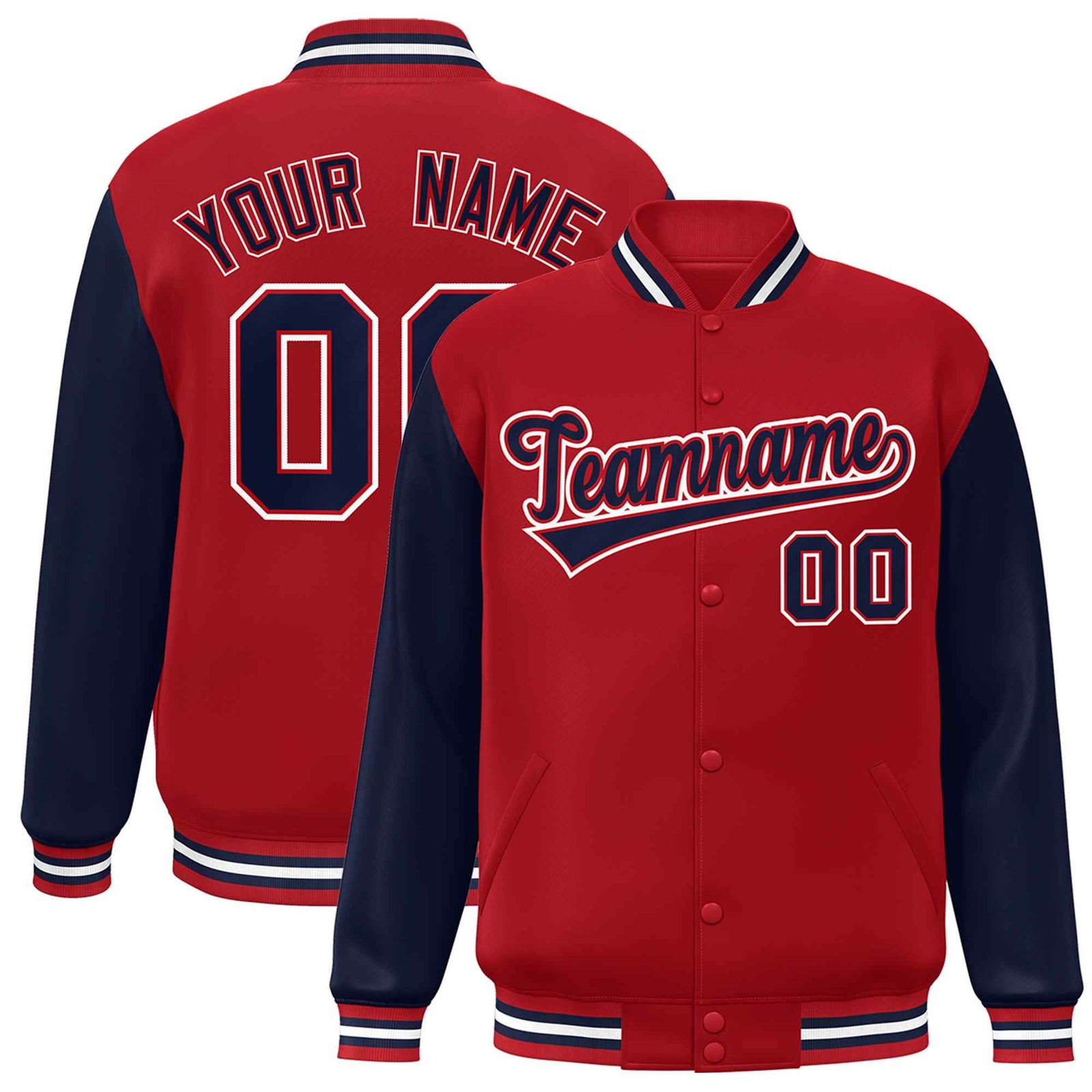 Custom Red NavyRaglan Sleeves Varsity Full-Snap Letterman Jacket