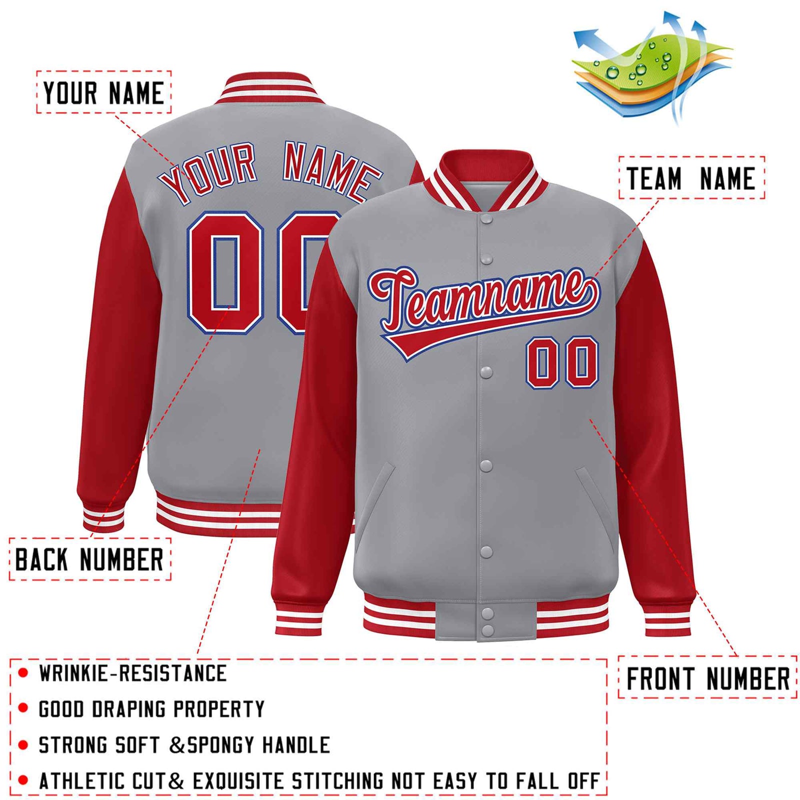 Custom Gray Red-White Raglan Sleeves Varsity Full-Snap Letterman Jacket