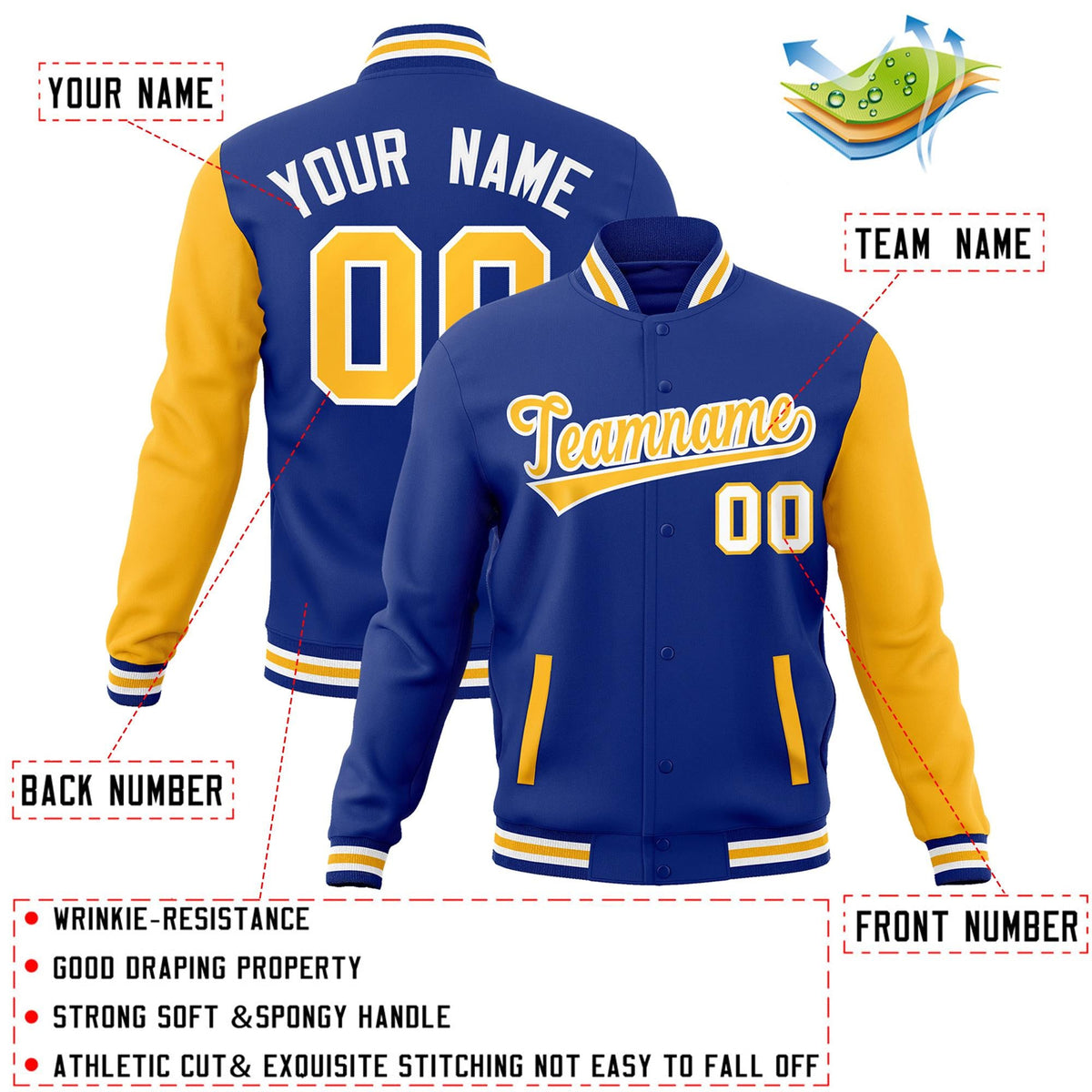 Custom Royal Yellow-White Raglan Sleeves Varsity Full-Snap Letterman Jacket