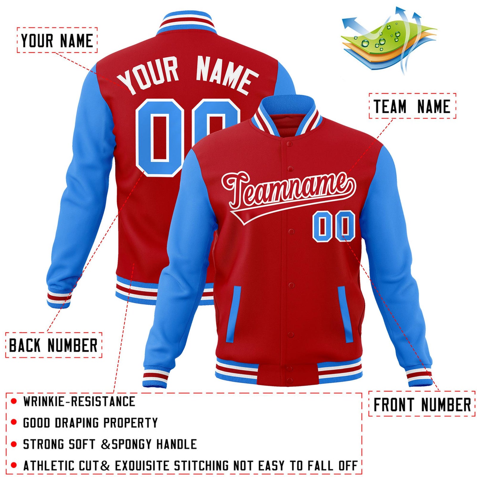 Custom Red Red-White Raglan Sleeves Varsity Full-Snap Letterman Jacket