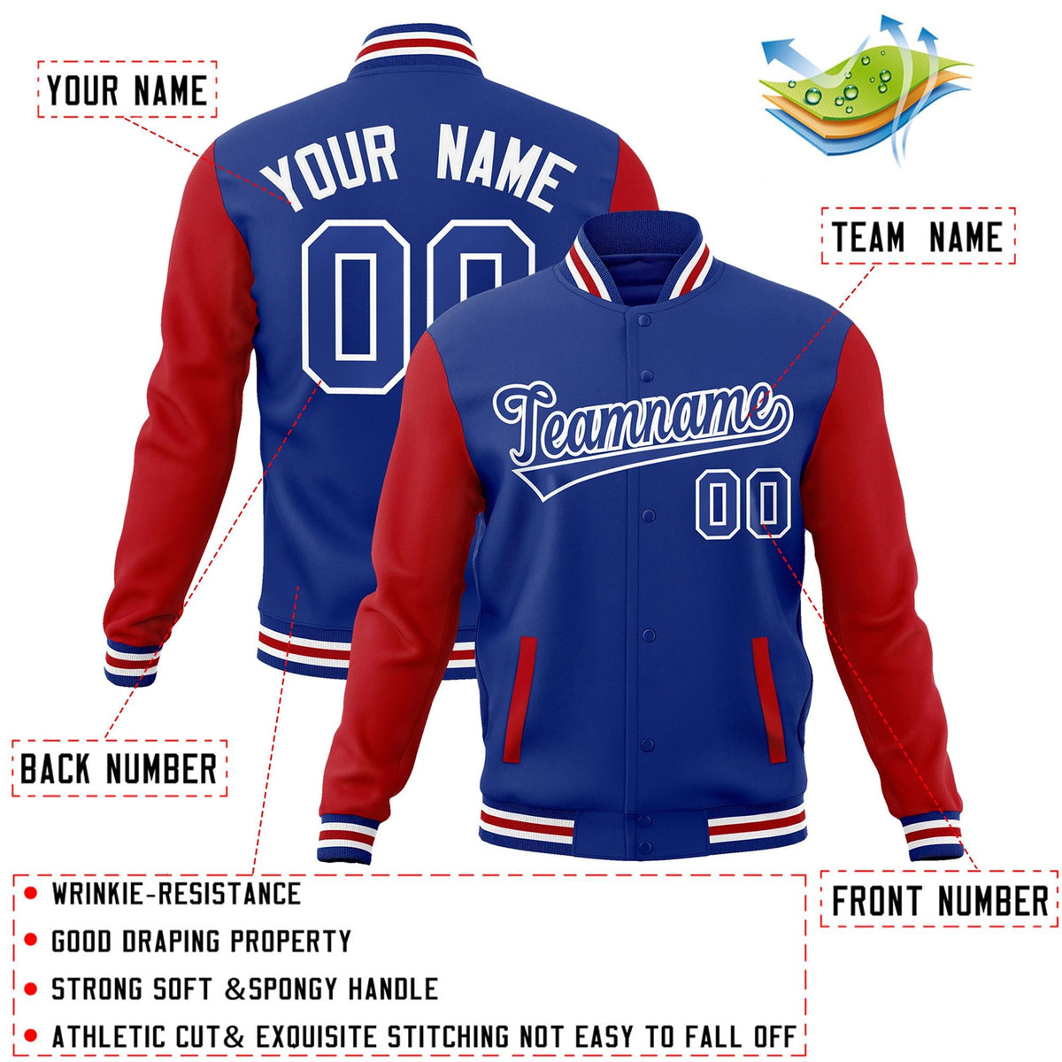 Custom Royal Royal-White Raglan Sleeves Varsity Full-Snap Letterman Jacket