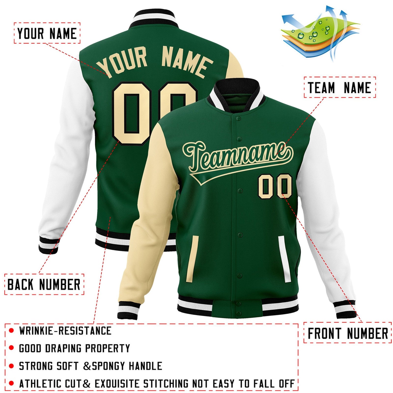 Custom Green Green-Khaki Raglan Sleeves Varsity Full-Snap Letterman Jacket