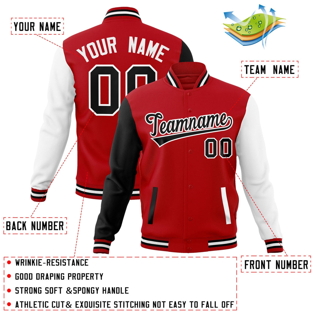 Custom Red Black-White Raglan Sleeves Varsity Full-Snap Letterman Jacket