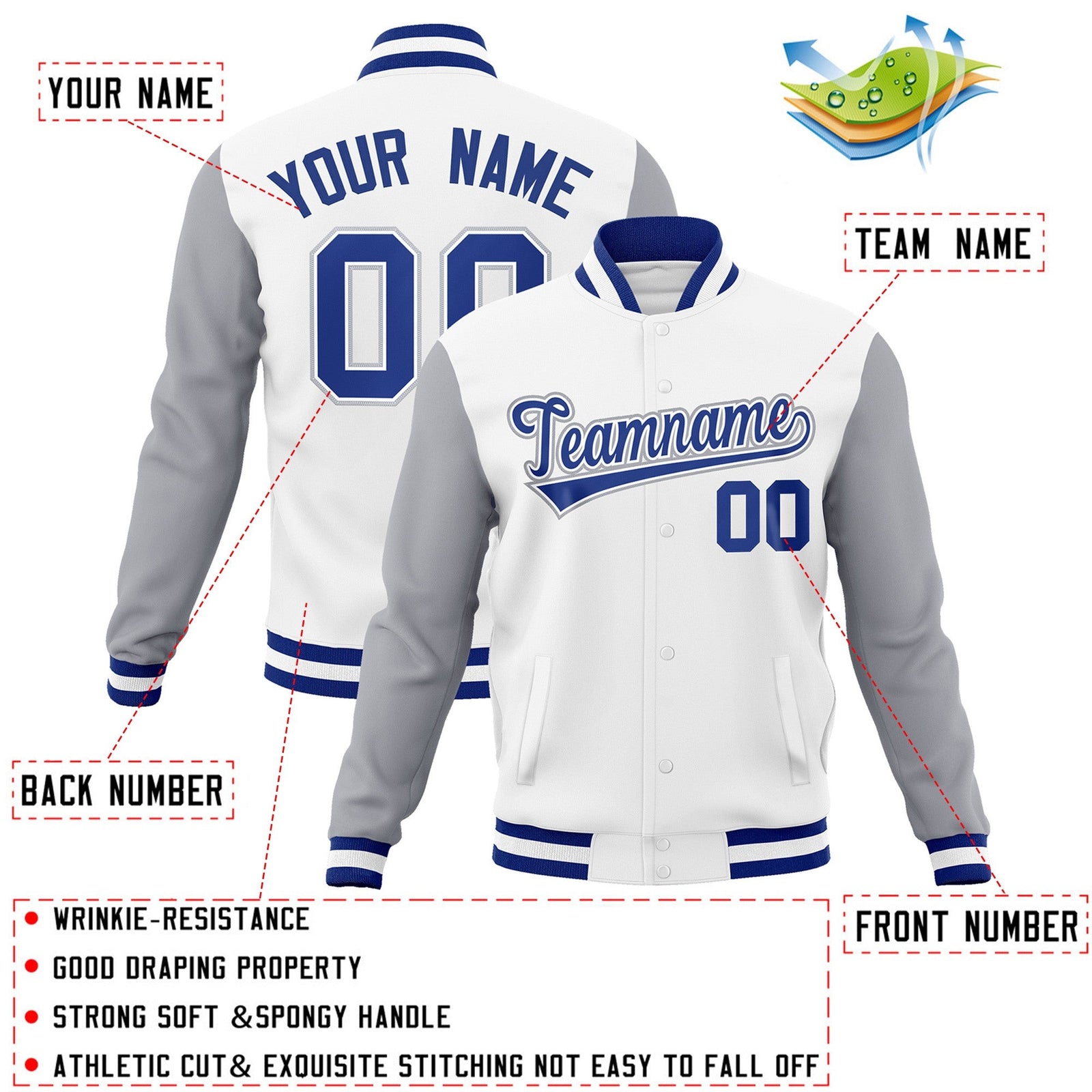Custom White Royal-White Raglan Sleeves Varsity Full-Snap Letterman Jacket