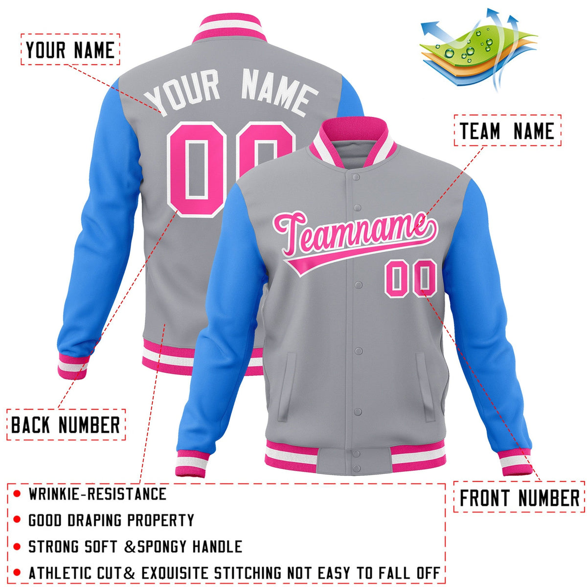 Custom Gray Pink-White Raglan Sleeves Varsity Full-Snap Letterman Jacket