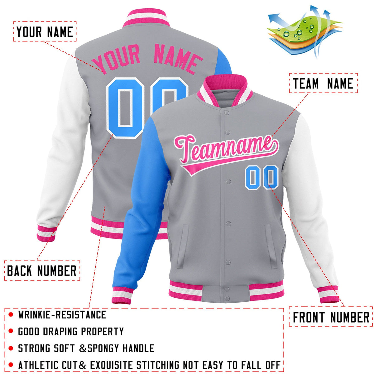 Custom Gray Pink-White Raglan Sleeves Varsity Full-Snap Letterman Jacket