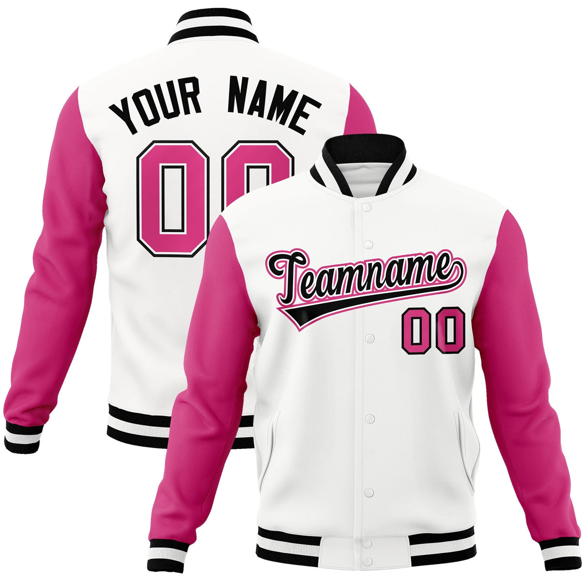 Custom White Black-White Raglan Sleeves Varsity Full-Snap Letterman Jacket