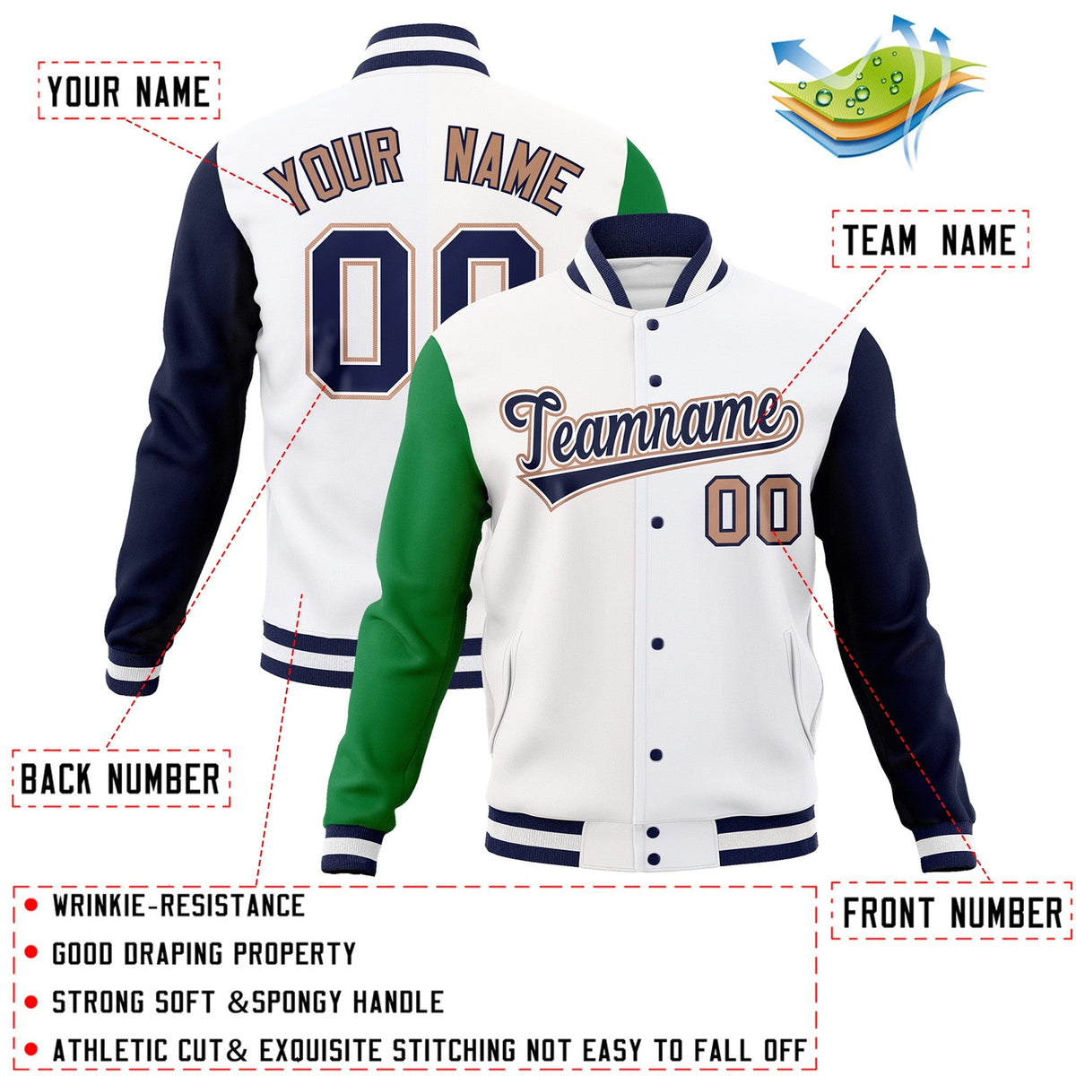 Custom White Navy-White Raglan Sleeves Varsity Full-Snap Letterman Jacket