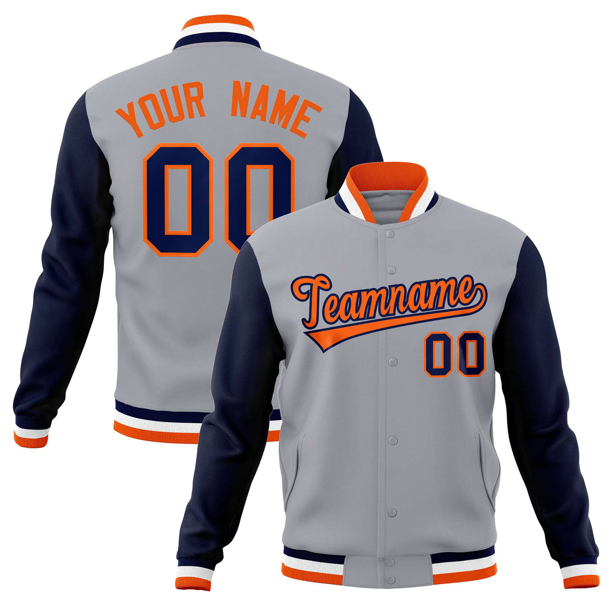 Custom Gray Orange-Navy Varsity Full-Snap Raglan Sleeves Letterman Baseball Jacket