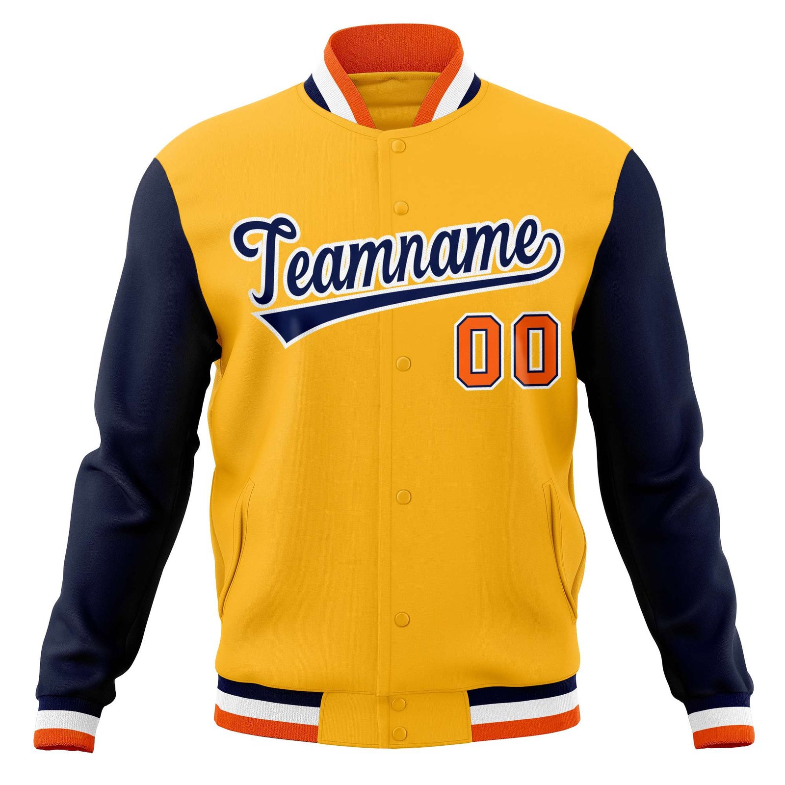Custom Yellow Navy-White Varsity Full-Snap Raglan Sleeves Letterman Baseball Jacket