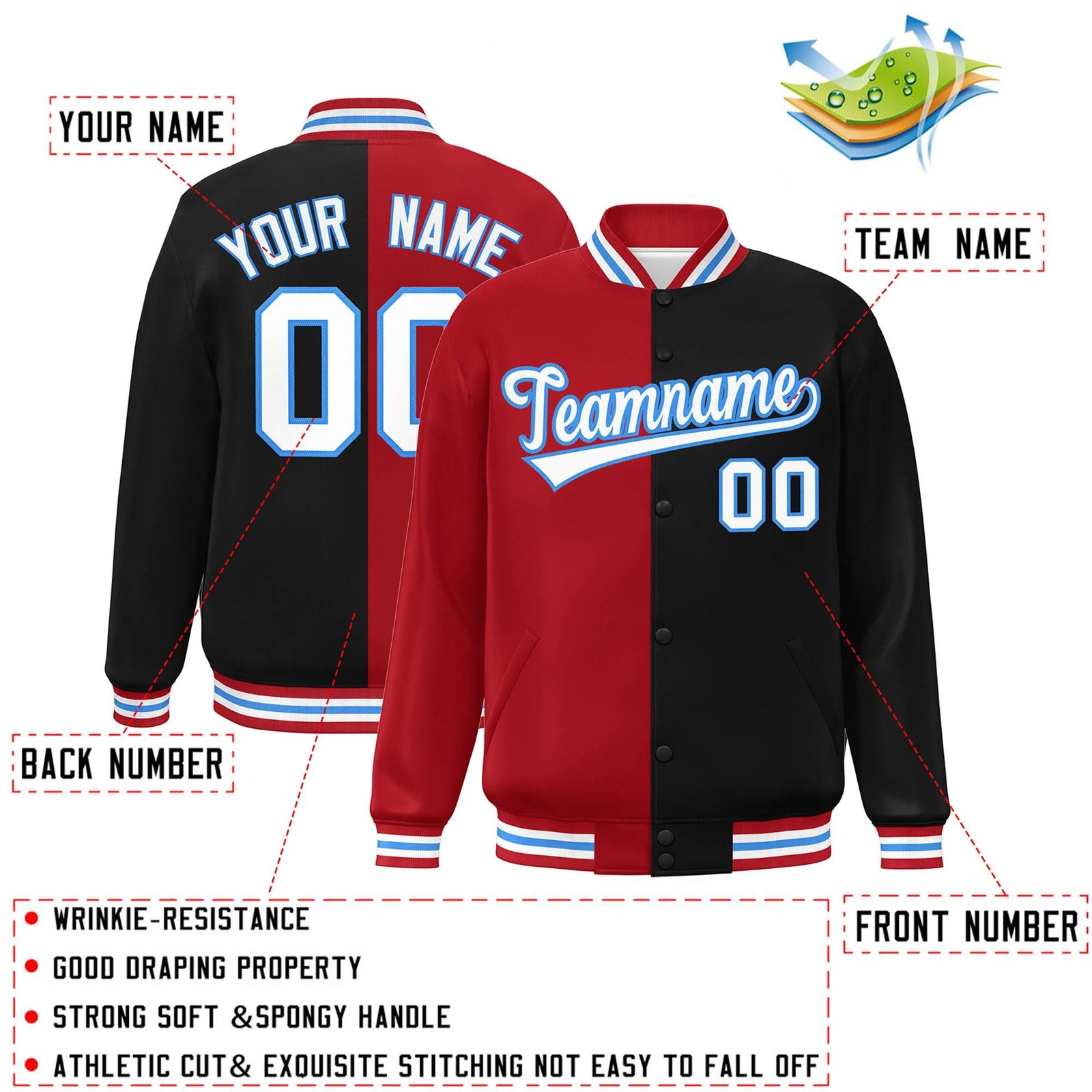 Custom Black Red-White Letterman Two Tone Split Fashion Varsity Full-Snap Jacket