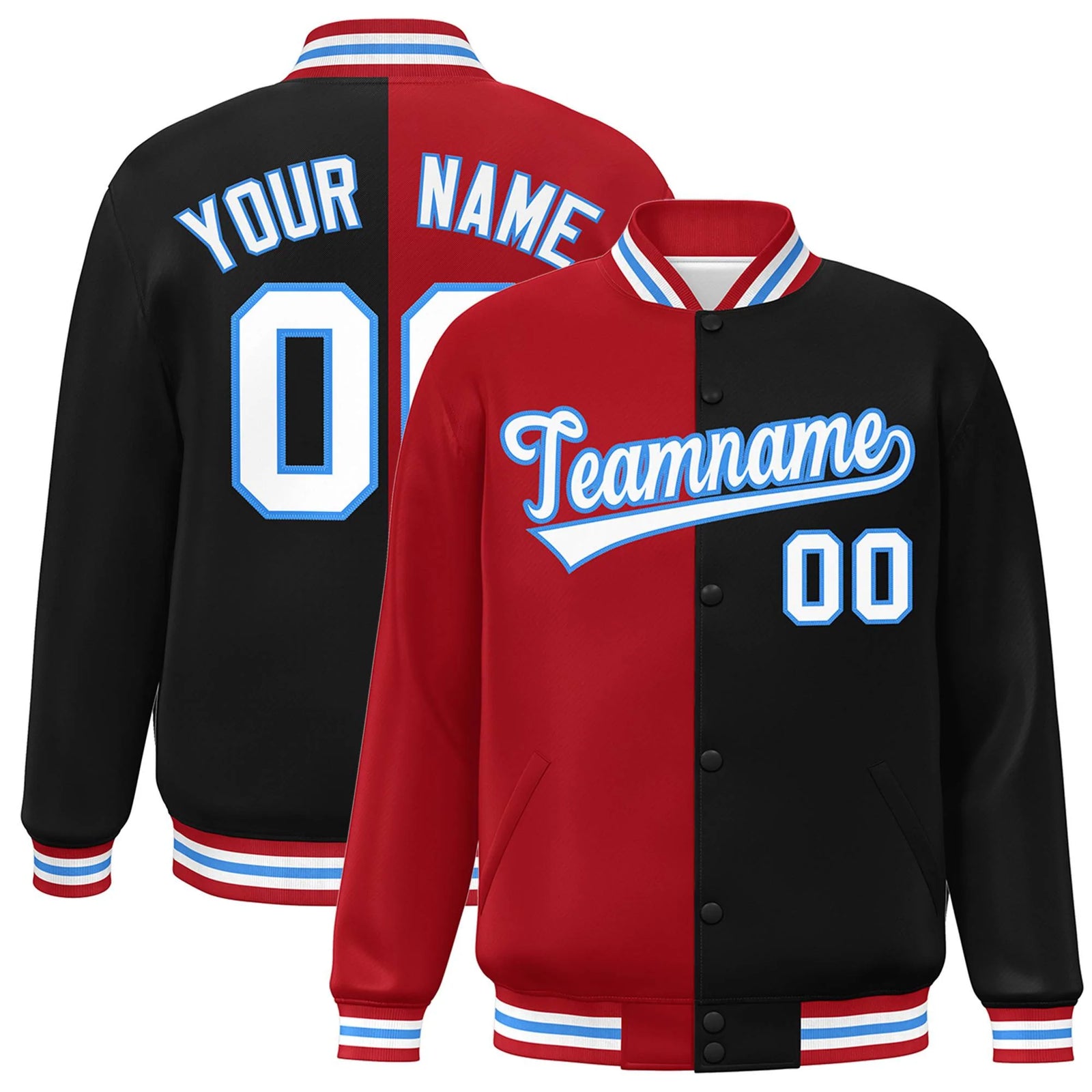 Custom Black Red-White Letterman Two Tone Split Fashion Varsity Full-Snap Jacket