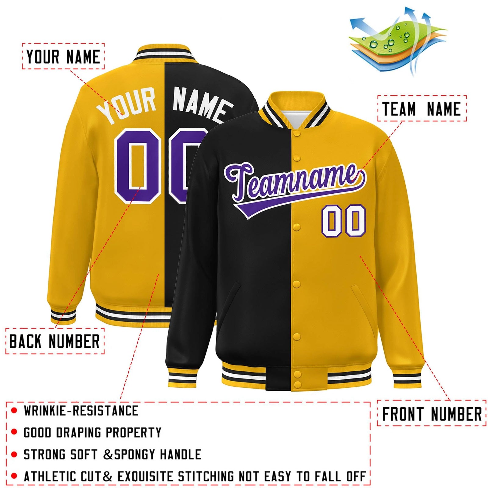 Custom Gold Black-Purple Letterman Two Tone Split Fashion Varsity Full-Snap Jacket