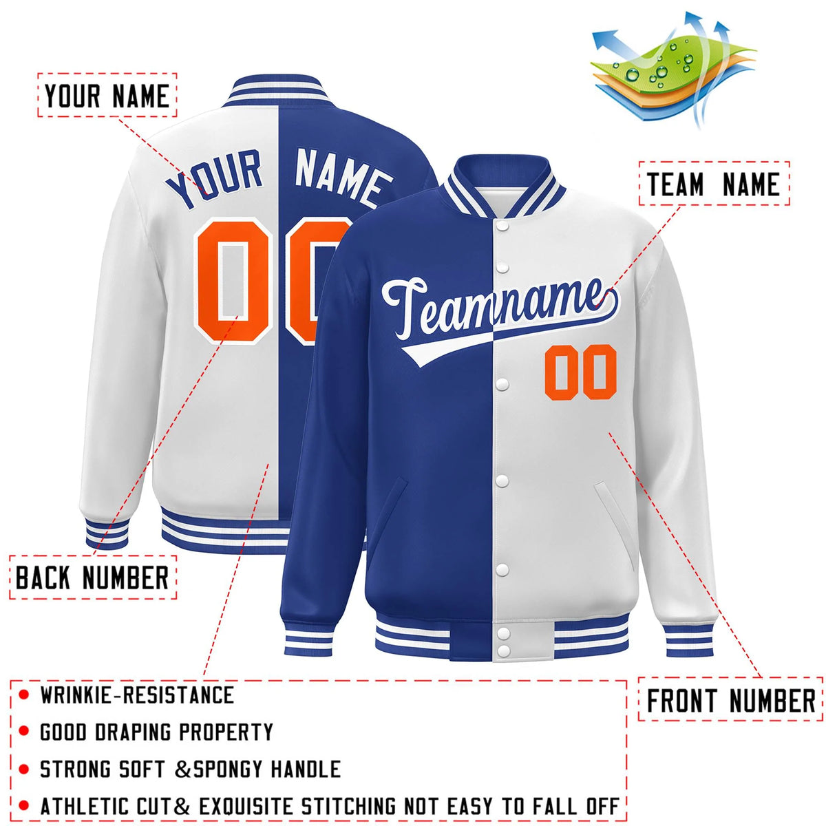Custom White Royal-Orange Blue Letterman Two Tone Split Fashion Varsity Full-Snap Jacket