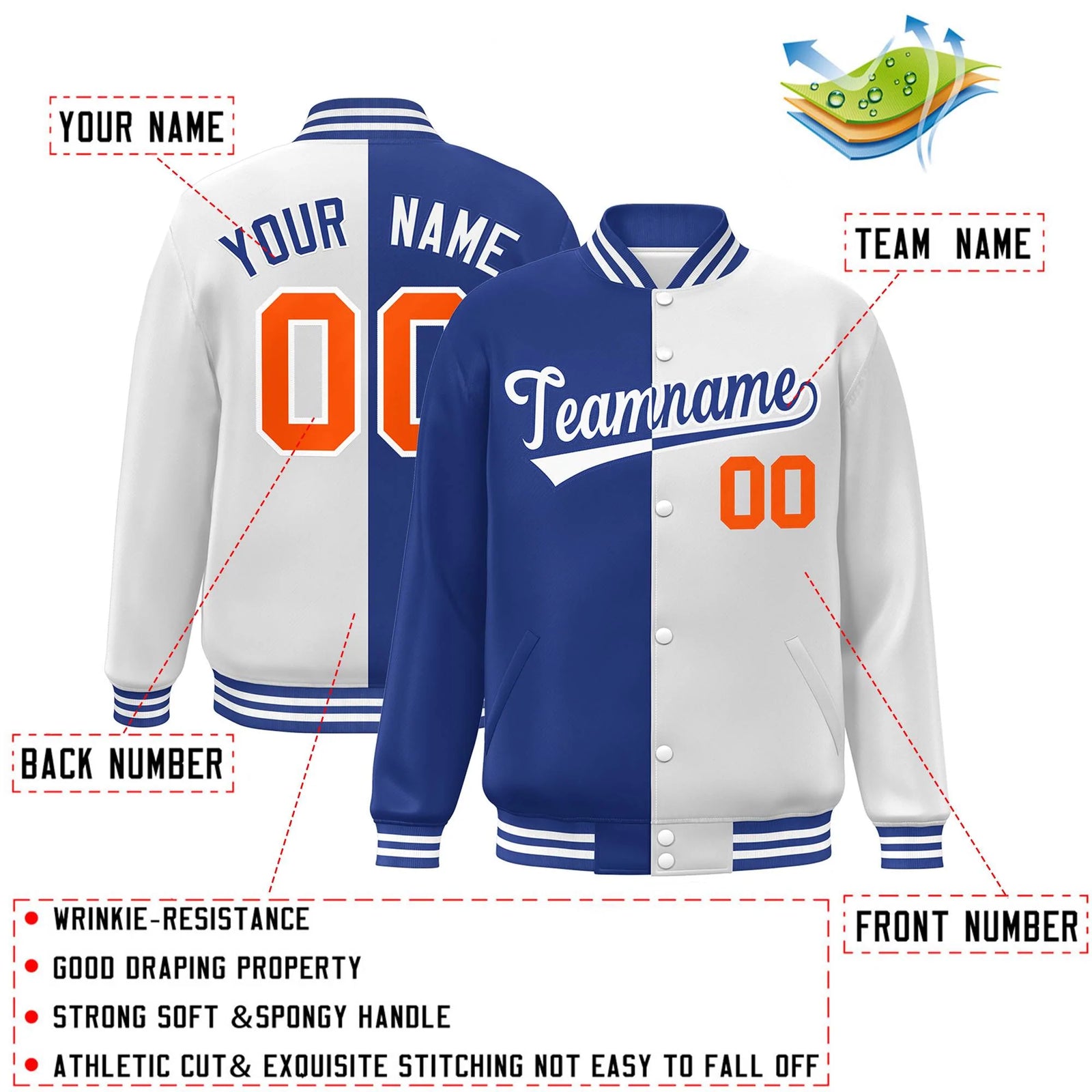 Custom White Royal-Orange Blue Letterman Two Tone Split Fashion Varsity Full-Snap Jacket