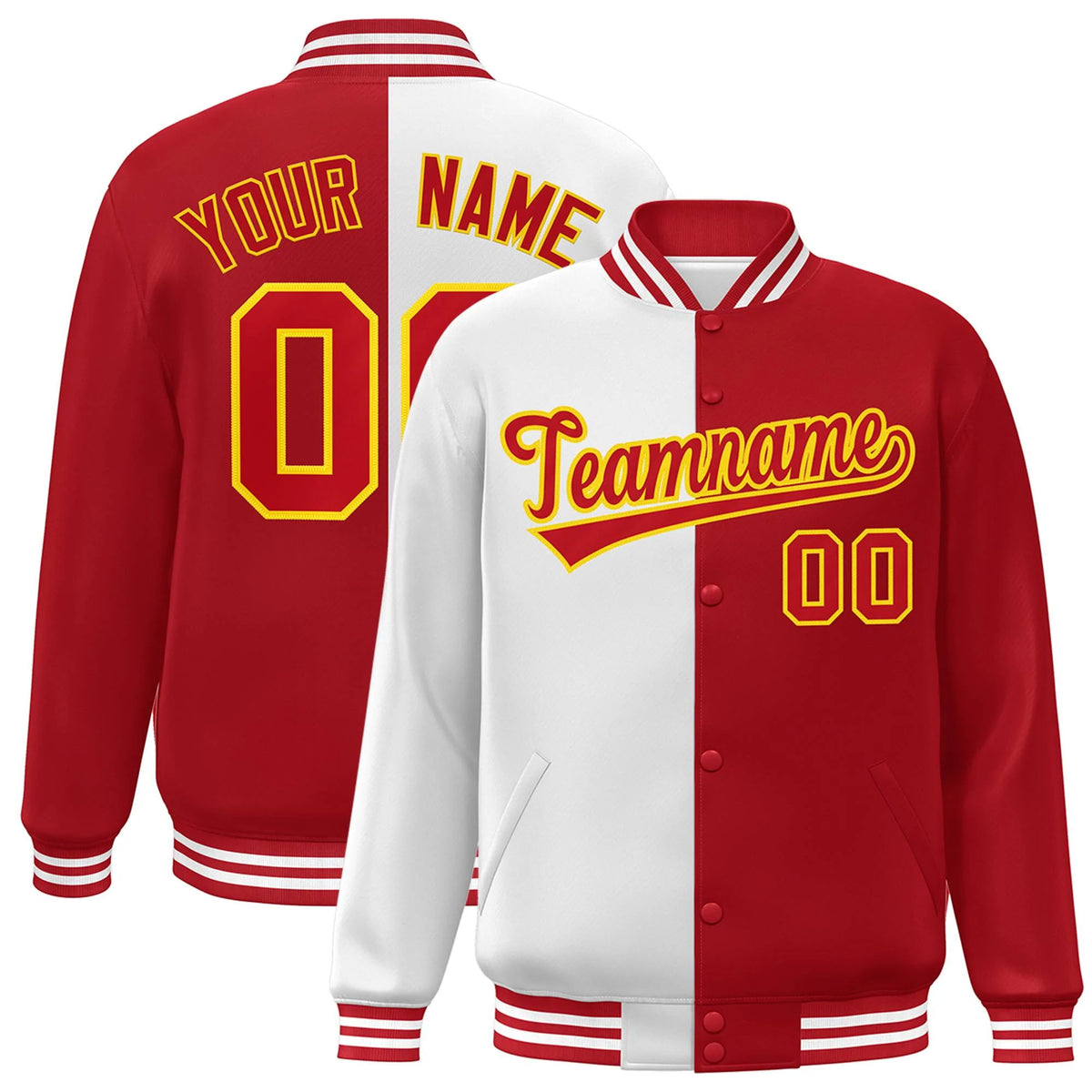 Custom Red White-Gold Letterman Two Tone Split Fashion Varsity Full-Snap Jacket