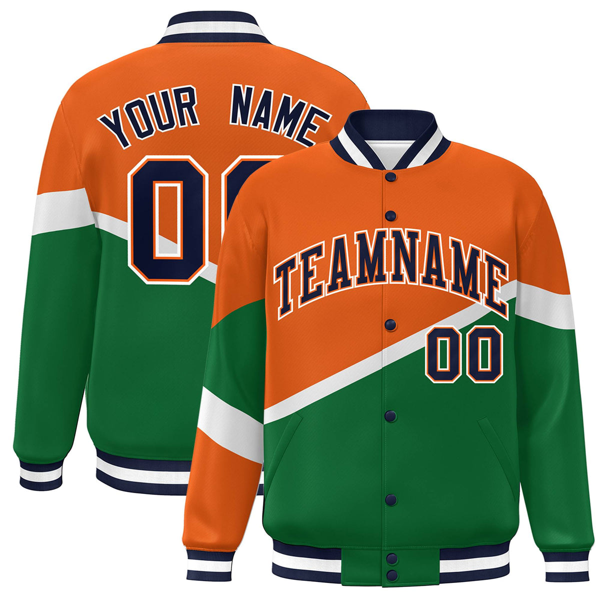 Custom Orange Kelly Green Navy-Orange Color Block Bomber Varsity Baseball Jacket