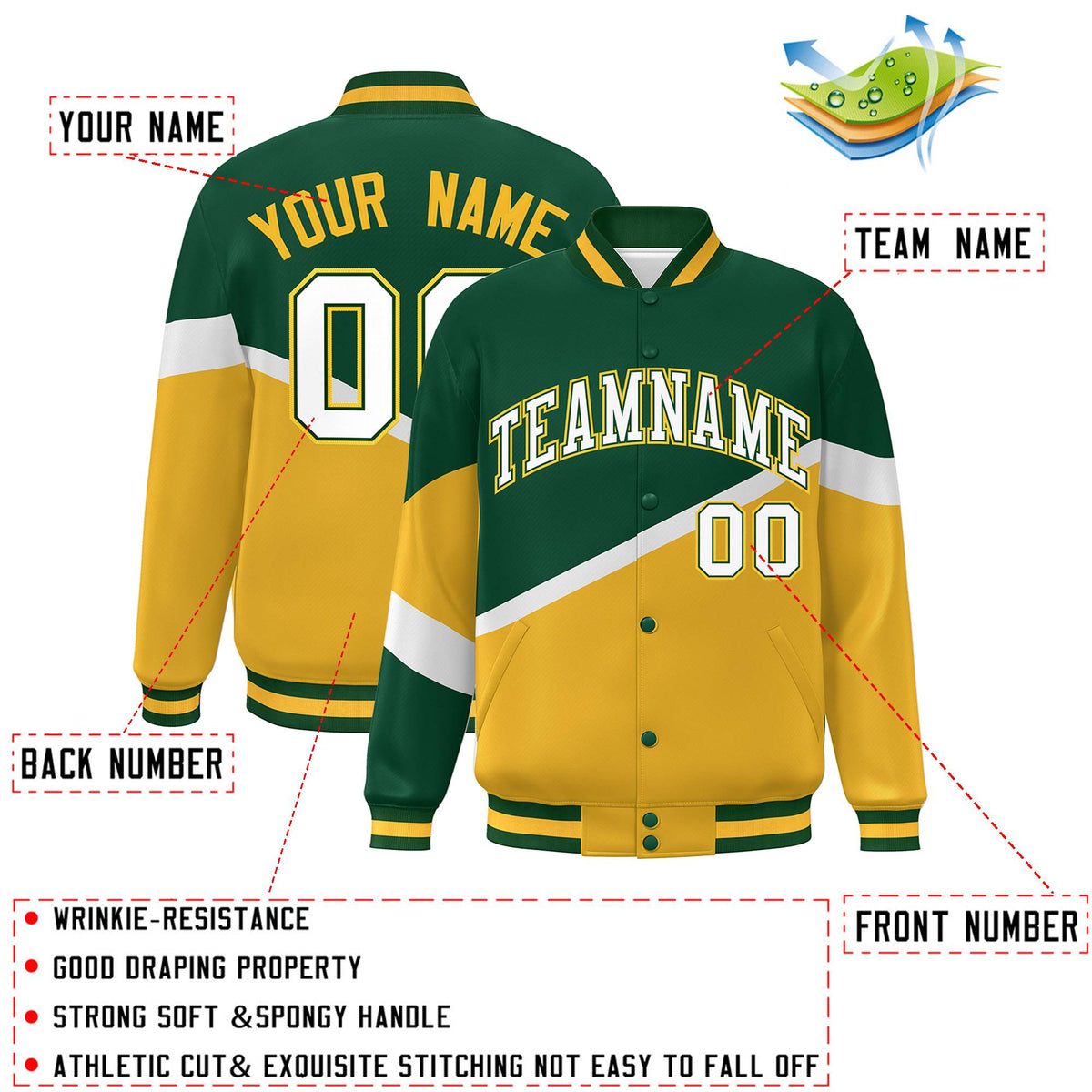 Custom Green Gold White-Green Color Block Bomber Varsity Baseball Jacket