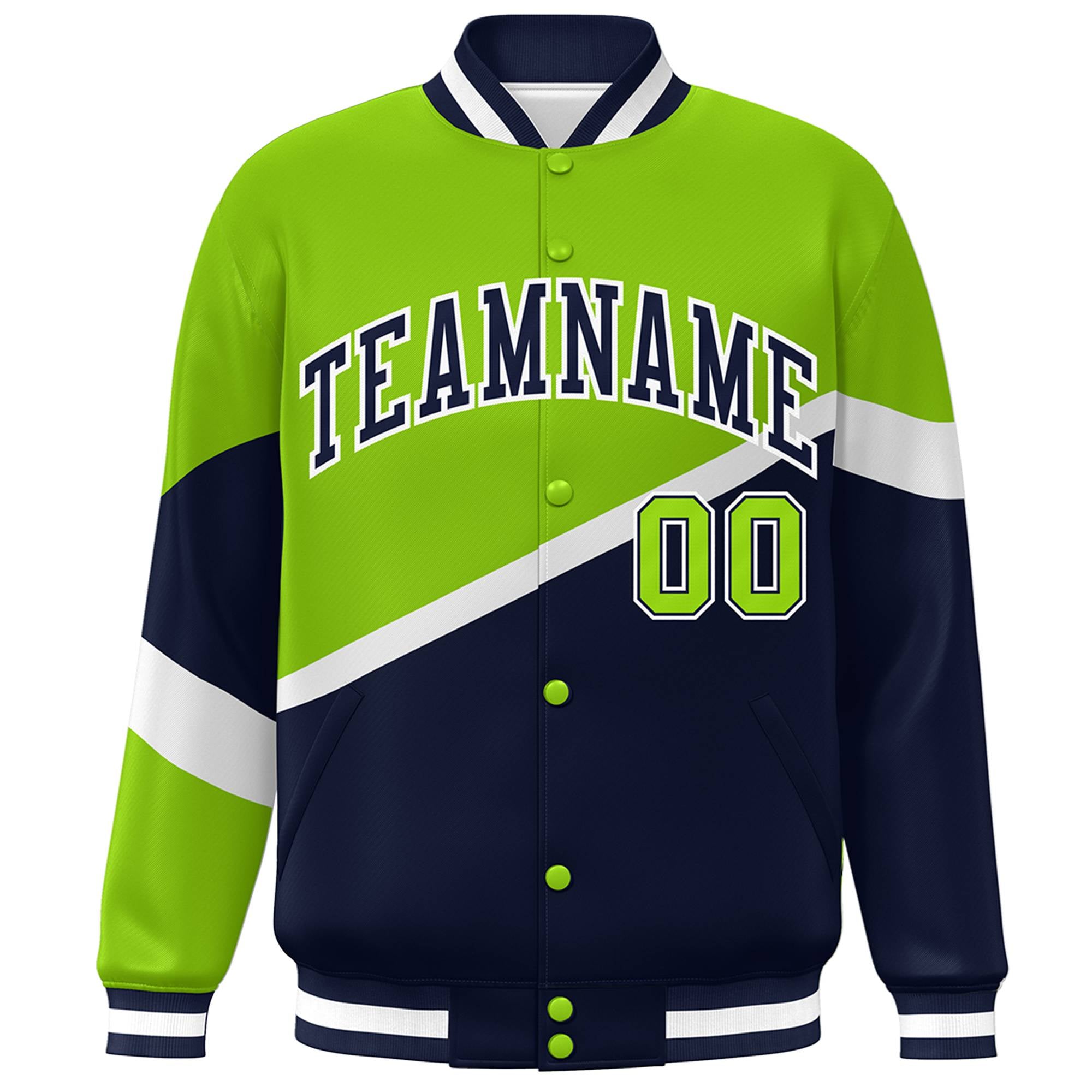 Custom Neon Green Navy-White Color Block Bomber Varsity Baseball Jacket