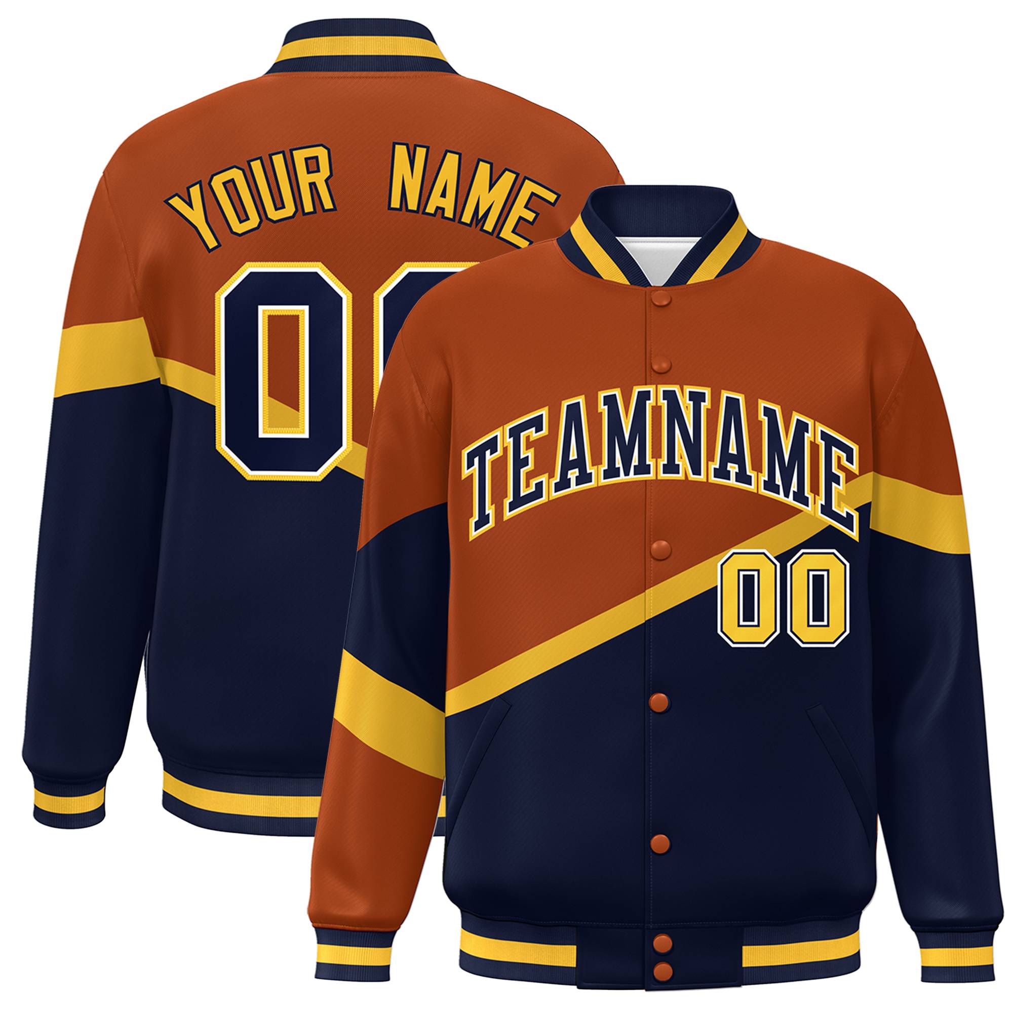 Custom Orange Navy-White Color Block Bomber Varsity Baseball Jacket