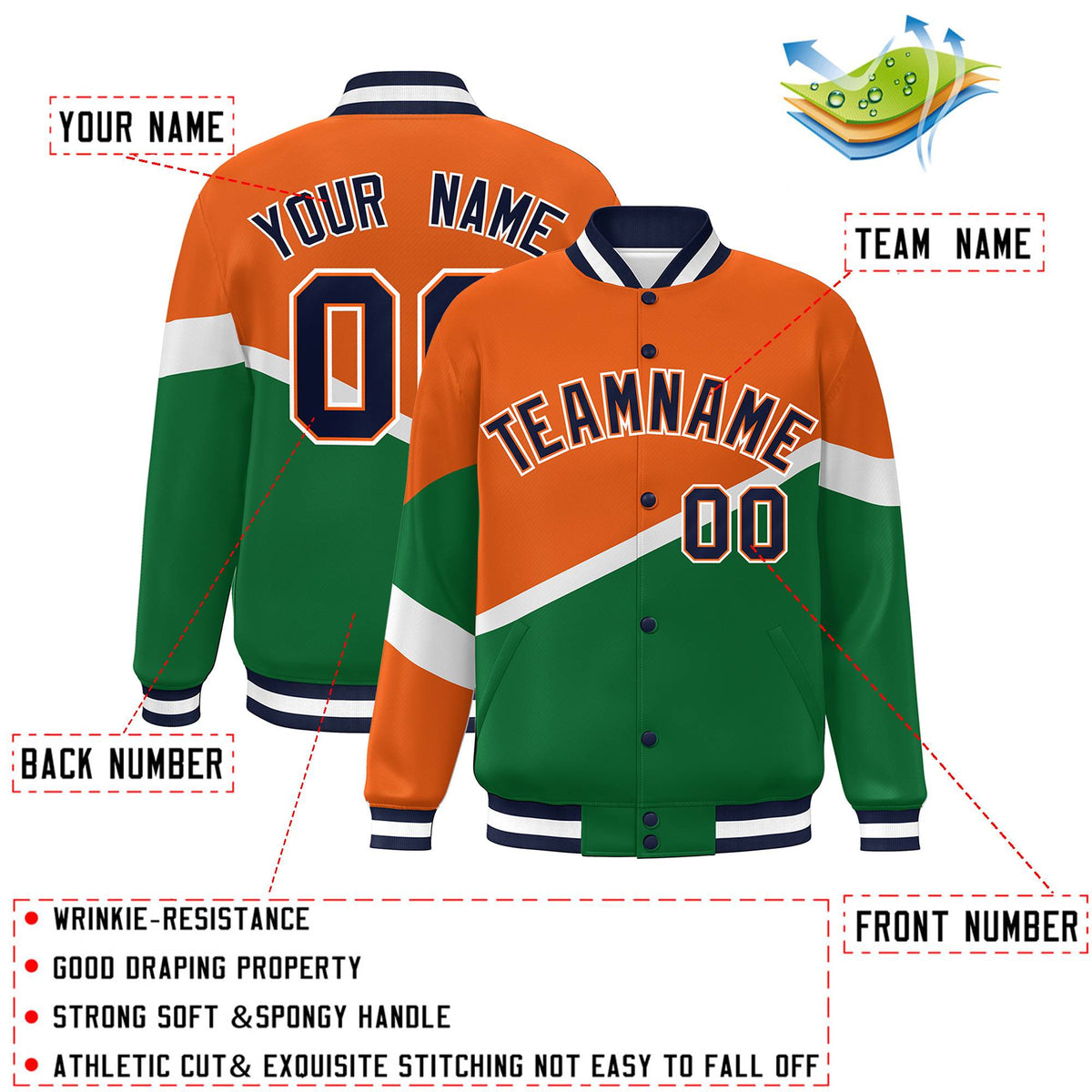 Custom Orange Kelly Green Navy-Orange Color Block Bomber Varsity Baseball Jacket