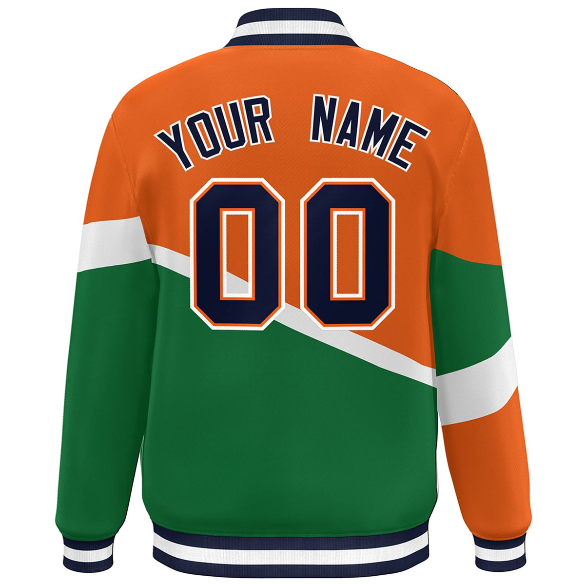 Custom Orange Kelly Green Navy-Orange Color Block Bomber Varsity Baseball Jacket