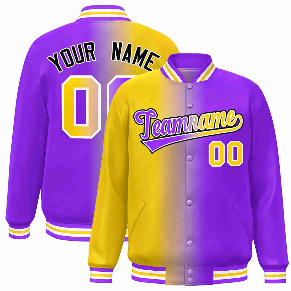 Custom Yellow Purple-White Gradient Fashion Letterman Bomber Varsity Jacket
