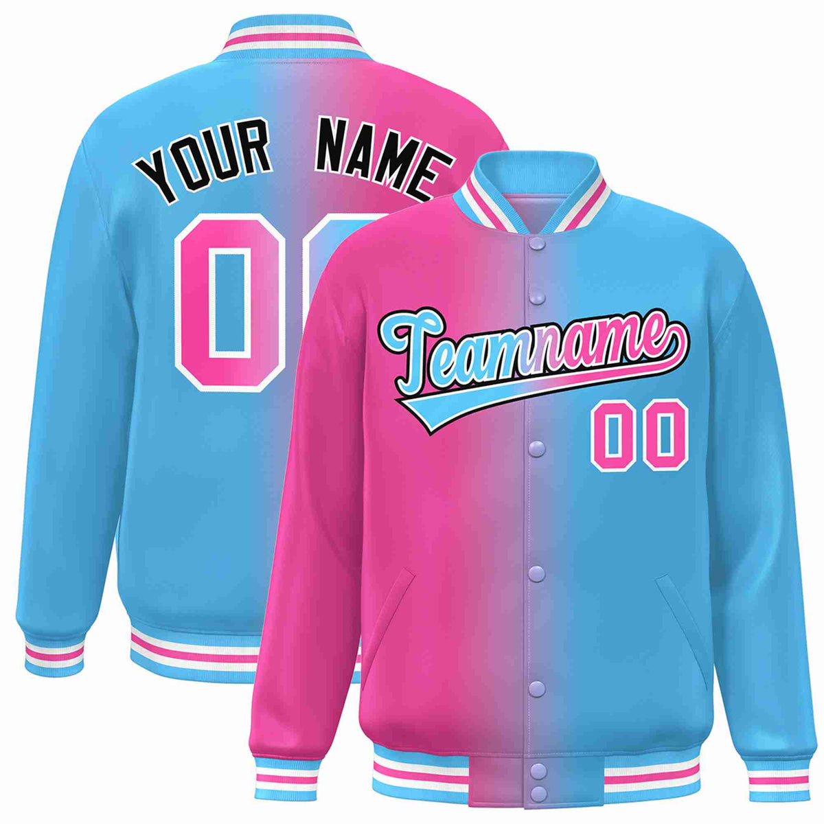 Custom Pink Powder Blue-Black Gradient Fashion Letterman Bomber Varsity Jacket