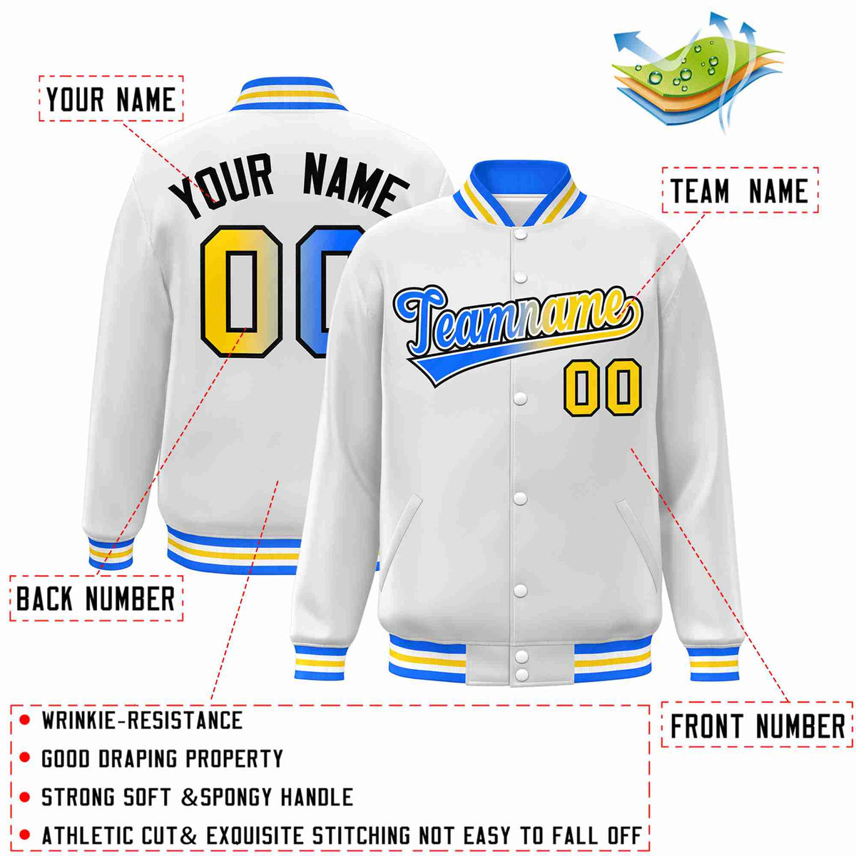 Custom White Yellow-White Gradient Fashion Letterman Bomber Varsity Jacket