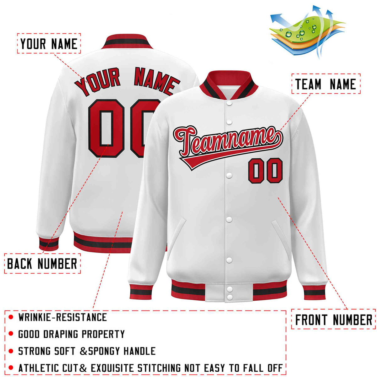 Custom White Red-White Classic Style Varsity Full-Snap Letterman Jacket