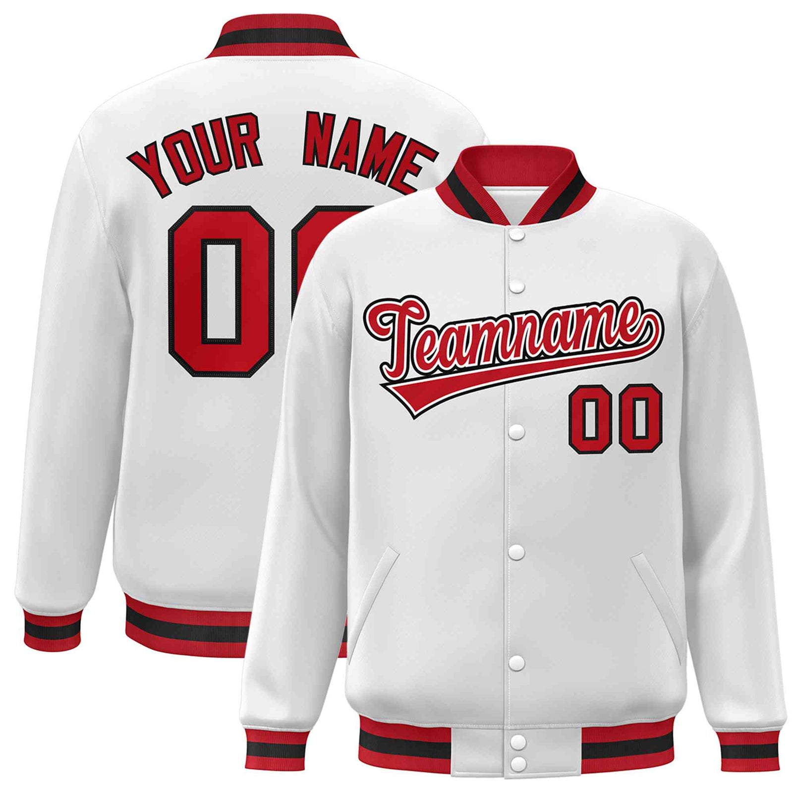 Custom White Red-White Classic Style Varsity Full-Snap Letterman Jacket