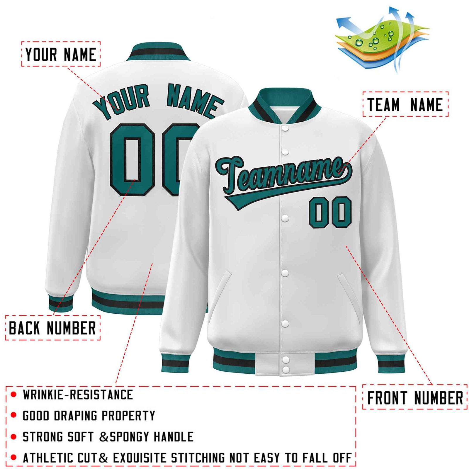 Custom White Aqua-Black Classic Style Varsity Full-Snap Letterman Jacket