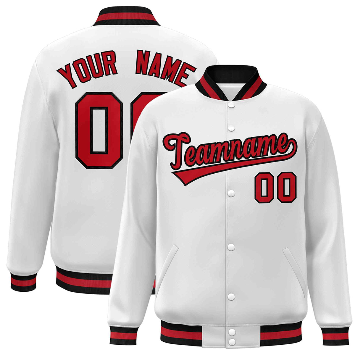 Custom White Red-Black Classic Style Varsity Full-Snap Letterman Jacket