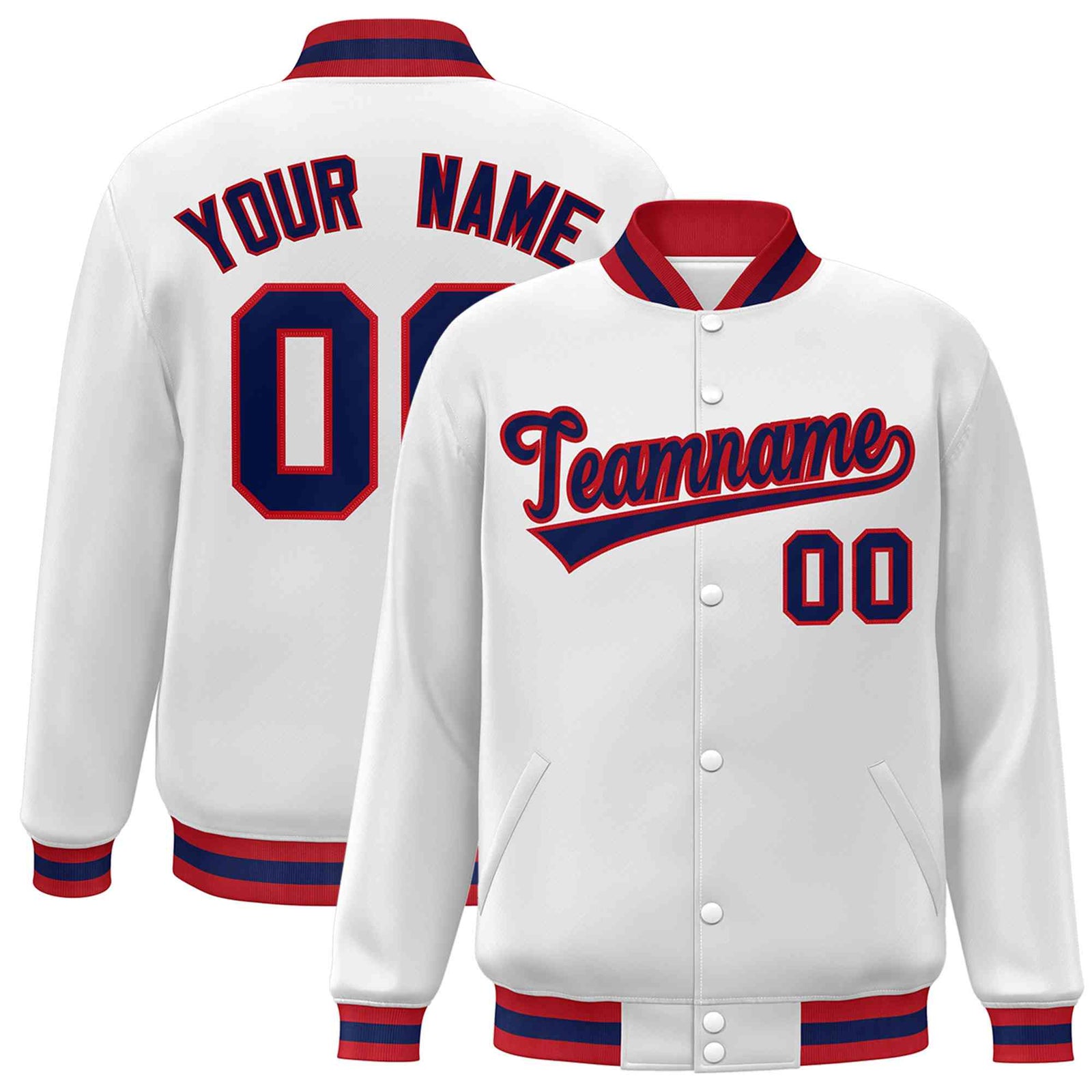 Custom White Navy-Red Classic Style Varsity Full-Snap Letterman Jacket