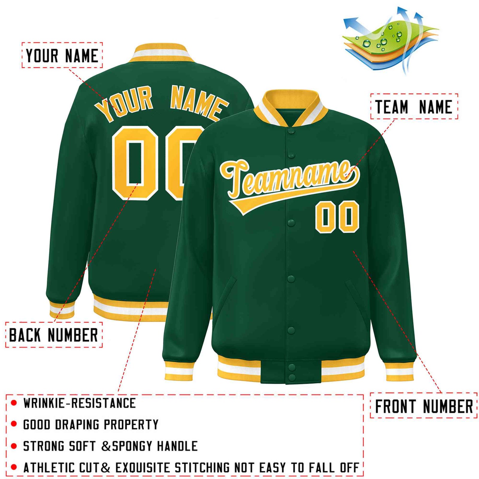 Custom Green Gold-White Classic Style Varsity Full-Snap Letterman Jacket