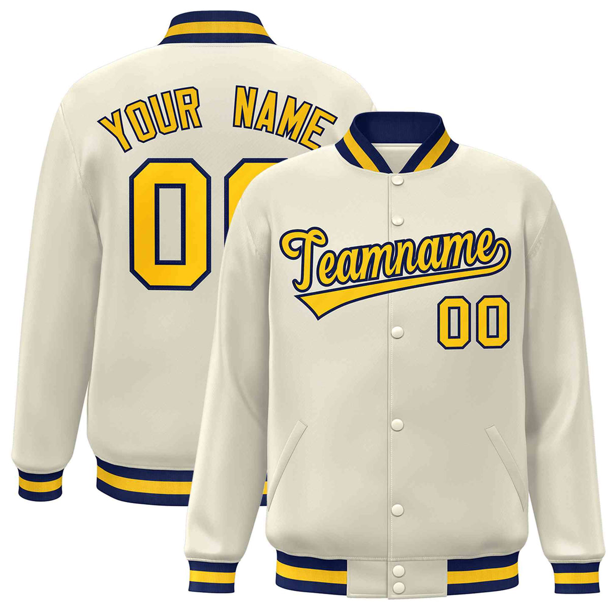 Custom Khaki Gold-Navy Classic Style Varsity Full-Snap Letterman Jacket