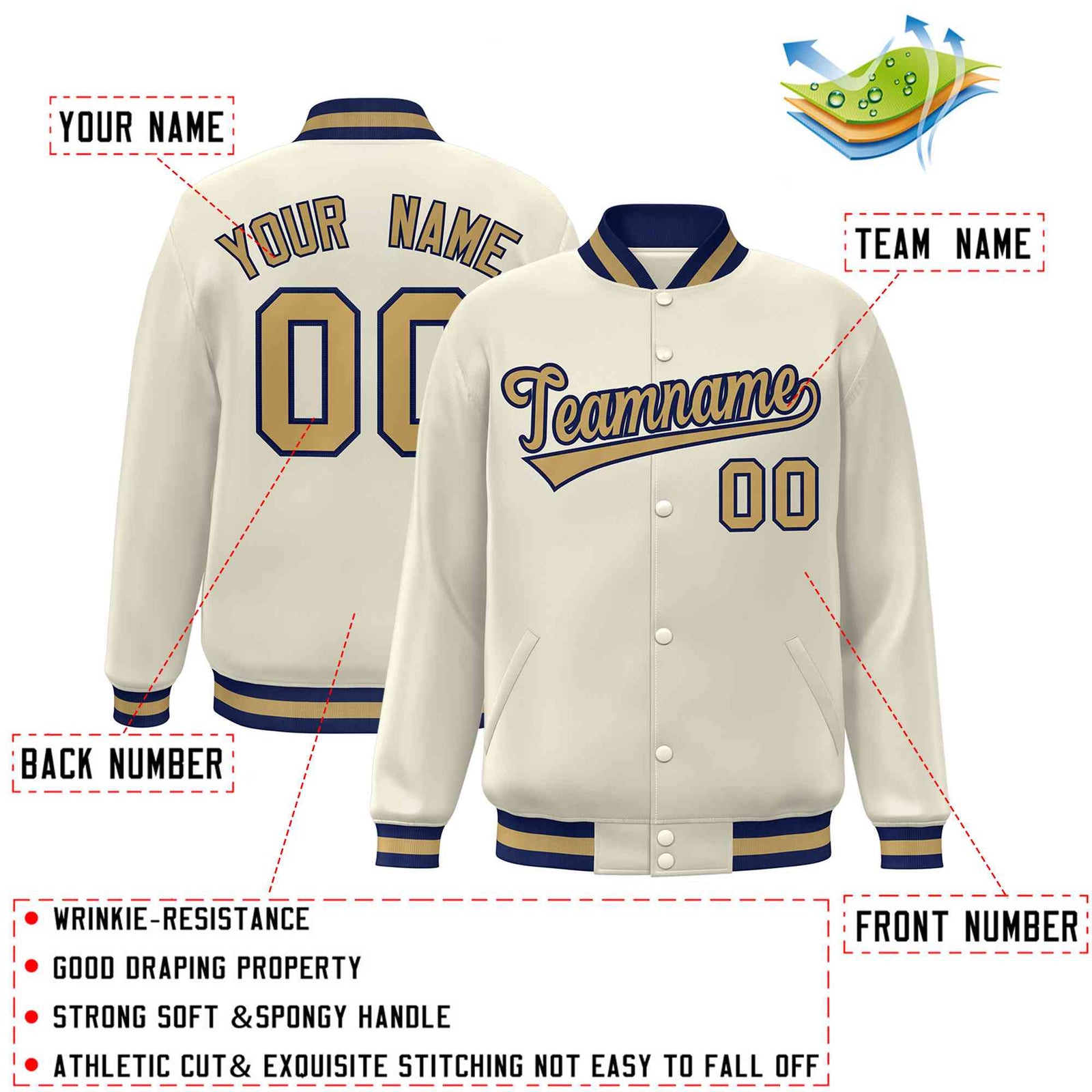Custom Khaki Old Gold-Navy Classic Style Varsity Full-Snap Letterman Jacket