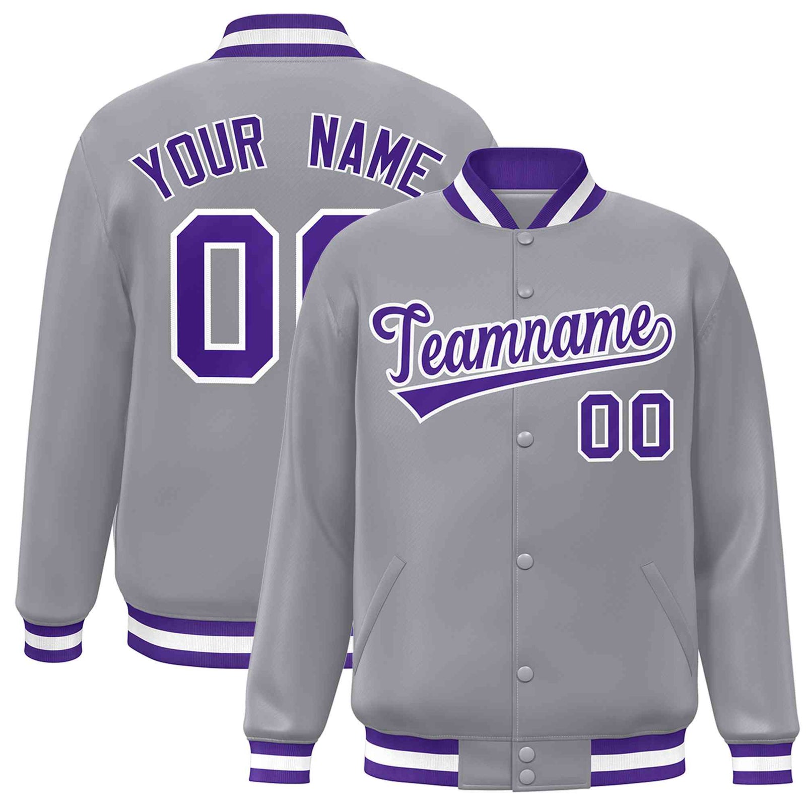 Custom Gray Purple-White Classic Style Varsity Full-Snap Letterman Jacket