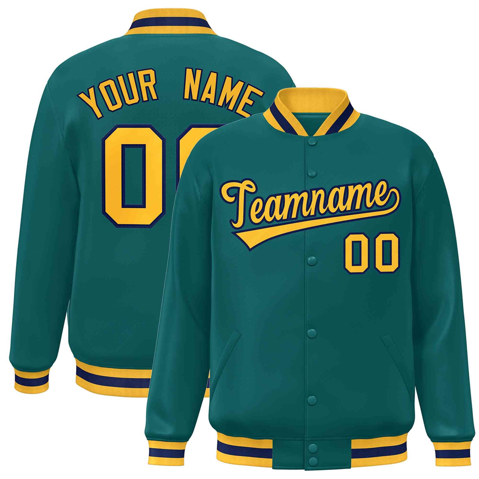 Custom Aqua Gold-Navy Classic Style Varsity Full-Snap Letterman Jacket