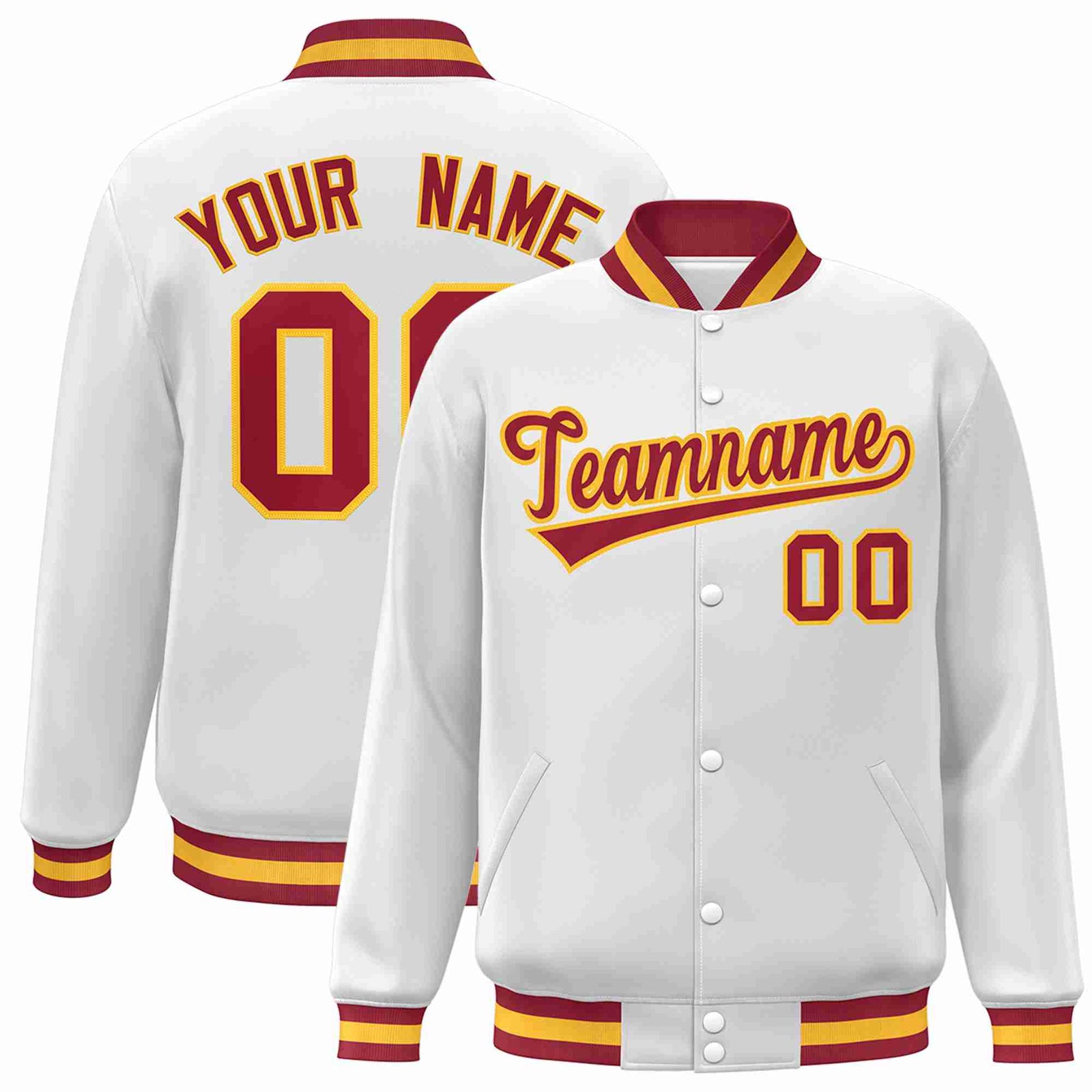 Custom White Crimson-Gold Classic Style Varsity Full-Snap Letterman Jacket
