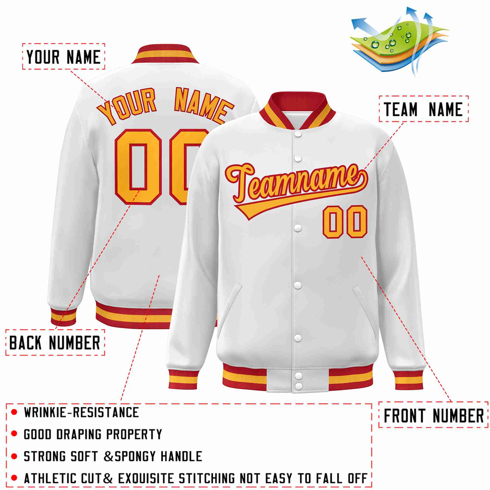 Custom White Gold-Red Classic Style Varsity Full-Snap Letterman Jacket