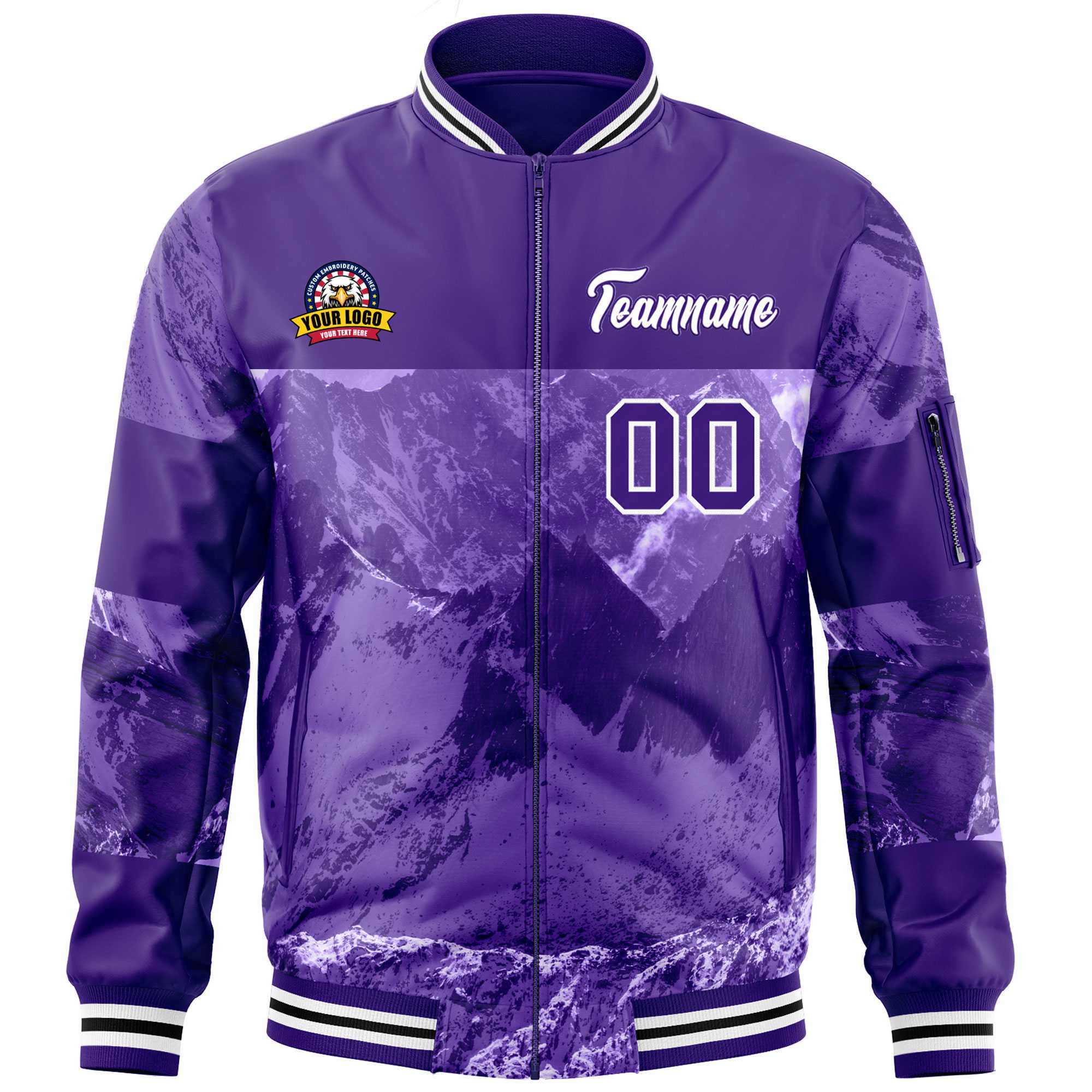 Custom Purple White Varsity Full-Zip Snow Mountain Letterman Bomber Jacket