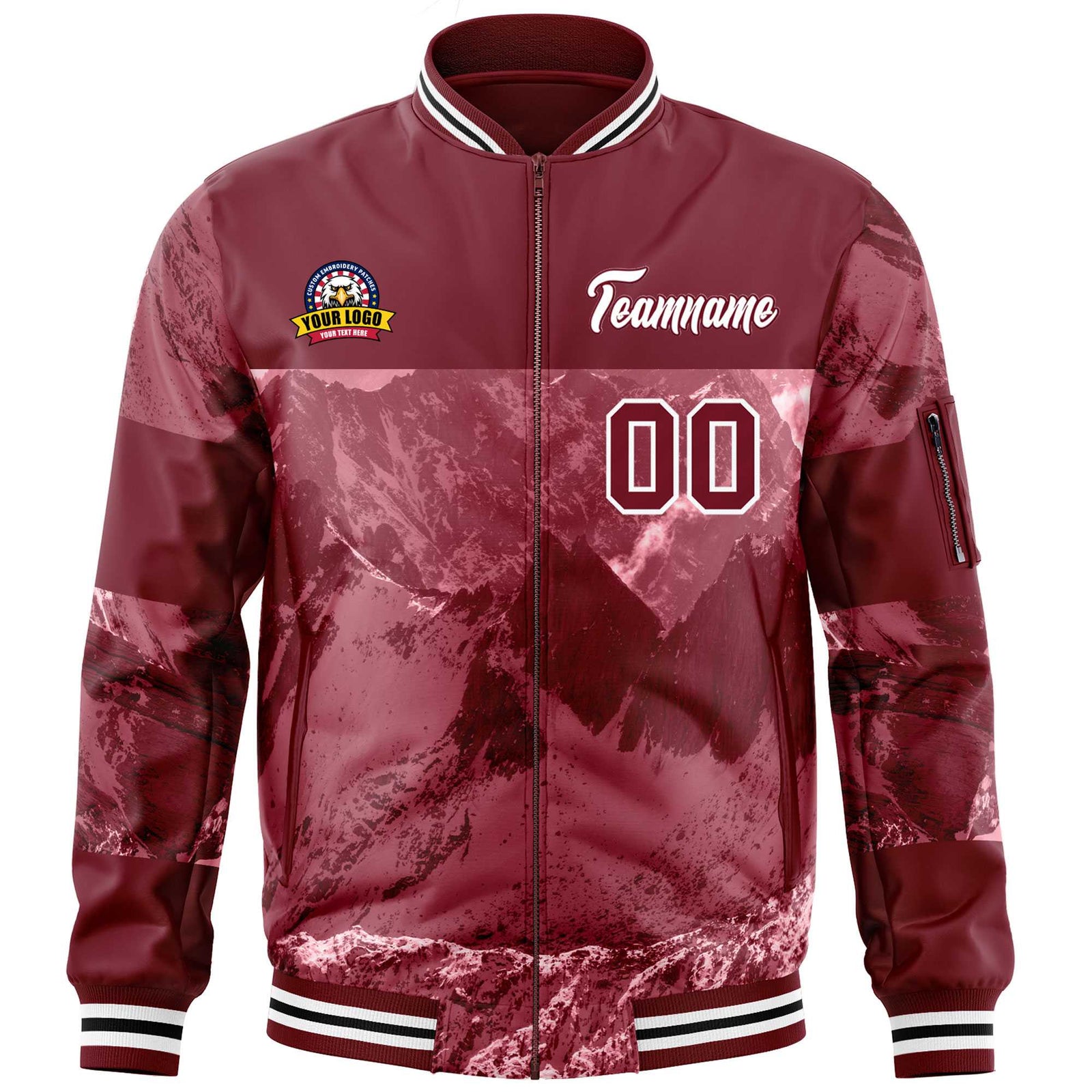 Custom Crimson White Varsity Full-Zip Snow Mountain Letterman Bomber Jacket