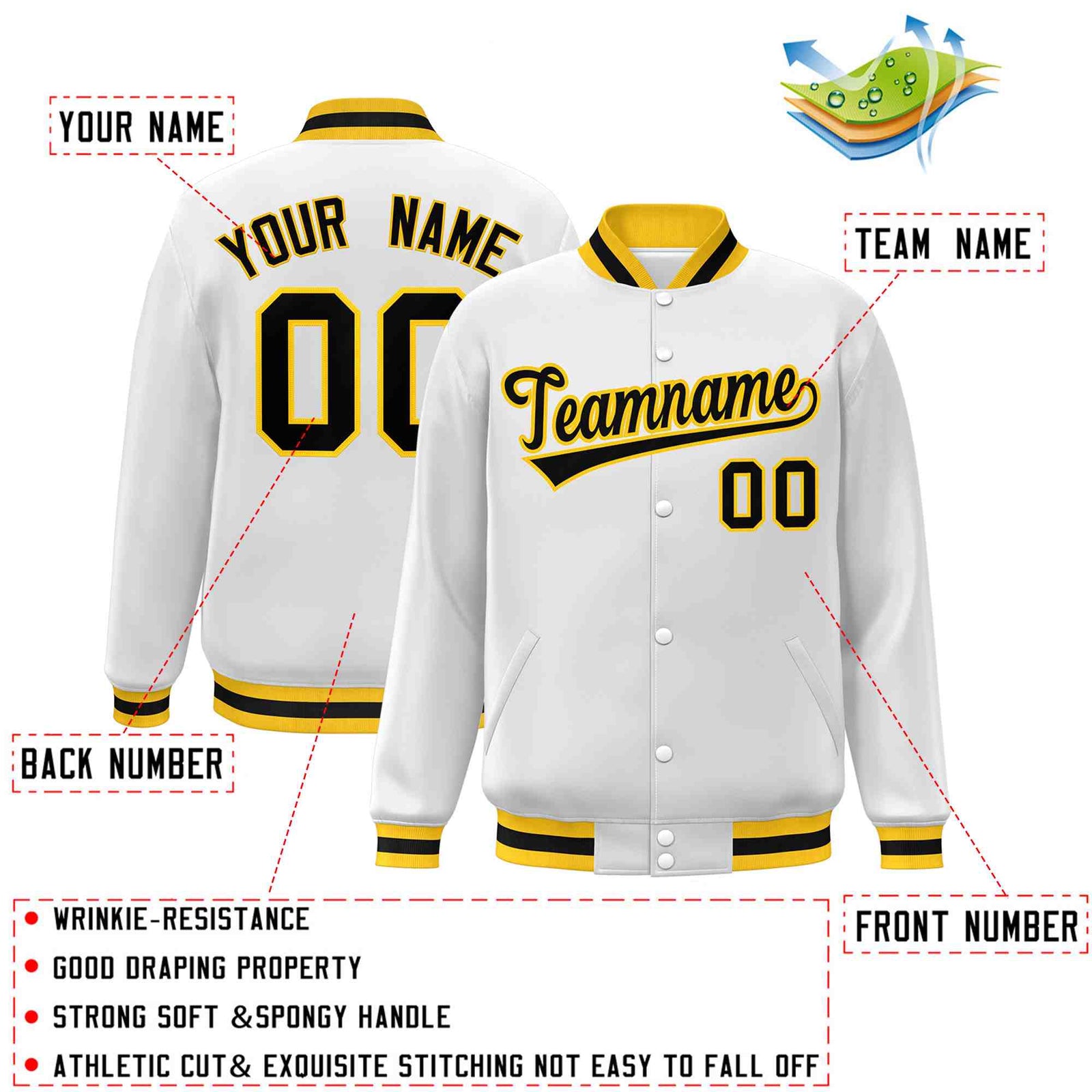 Custom White Black-Gold Classic Style Varsity Full-Snap Letterman Jacket