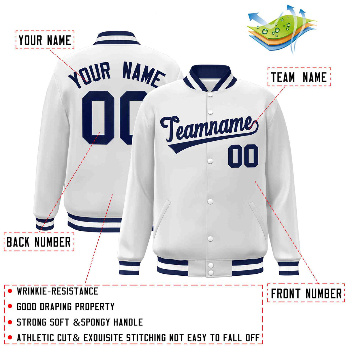 Custom White Navy Classic Style Varsity Full-Snap Letterman Jacket