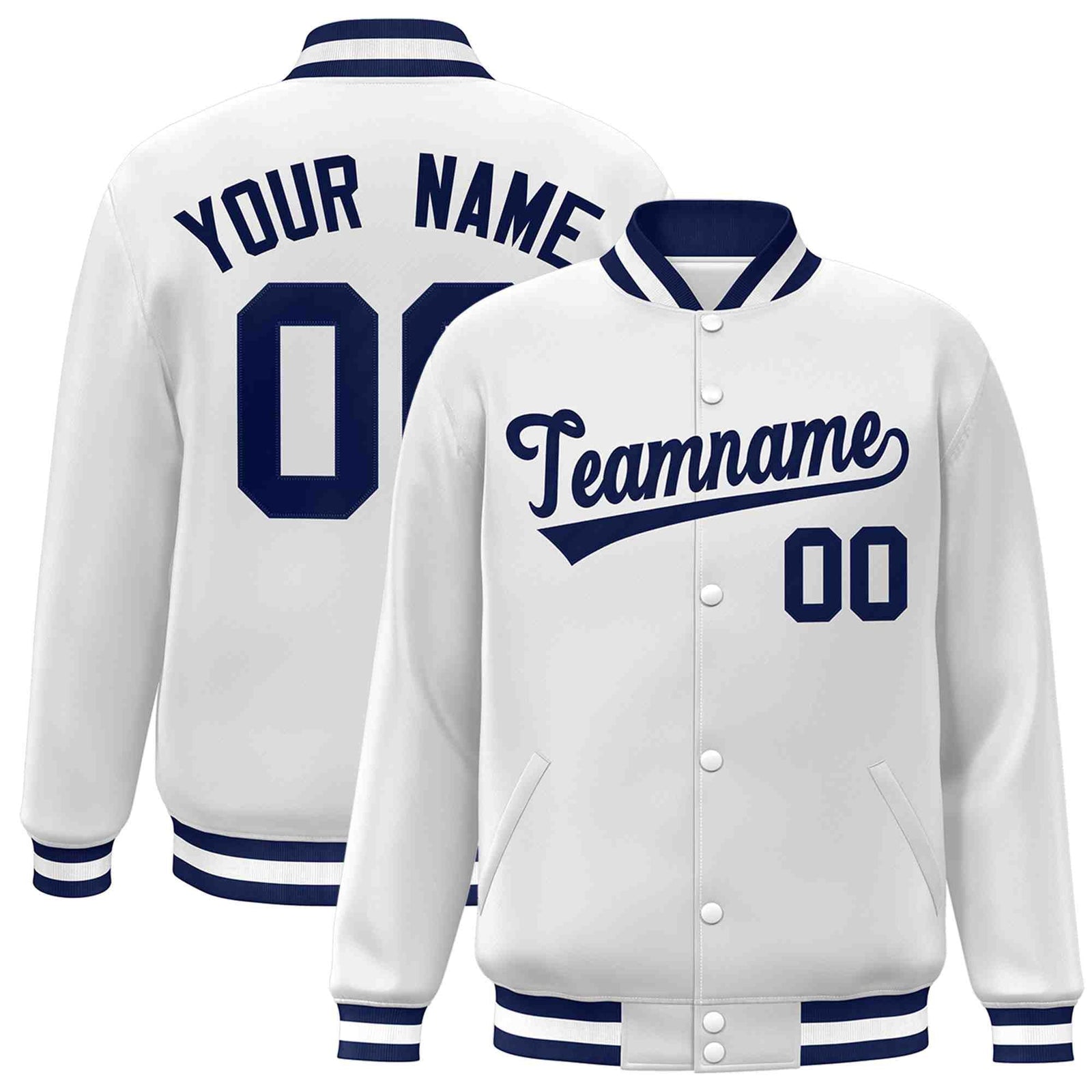 Custom White Navy Classic Style Varsity Full-Snap Letterman Jacket