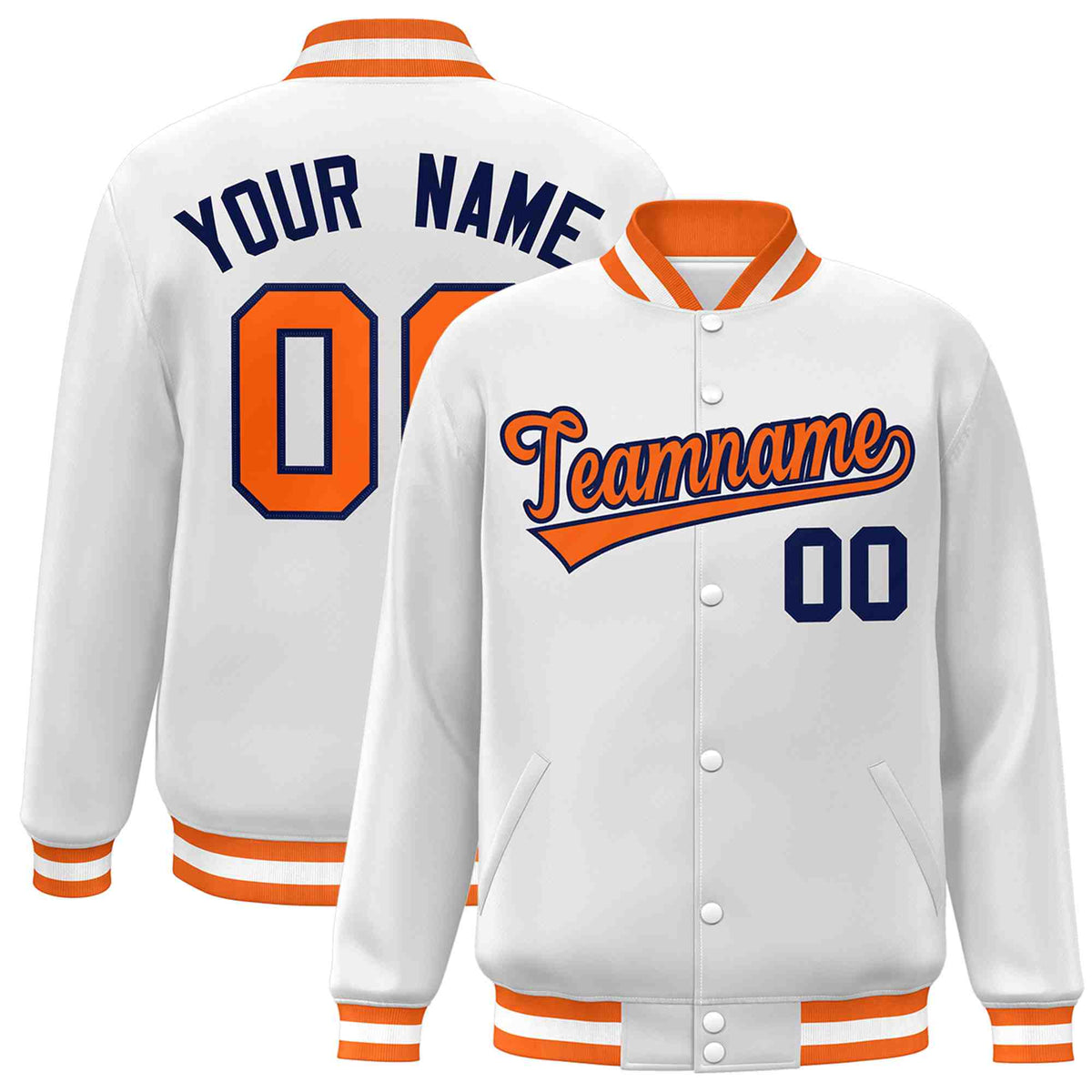 Custom White Orange-Navy Classic Style Varsity Full-Snap Letterman Jacket