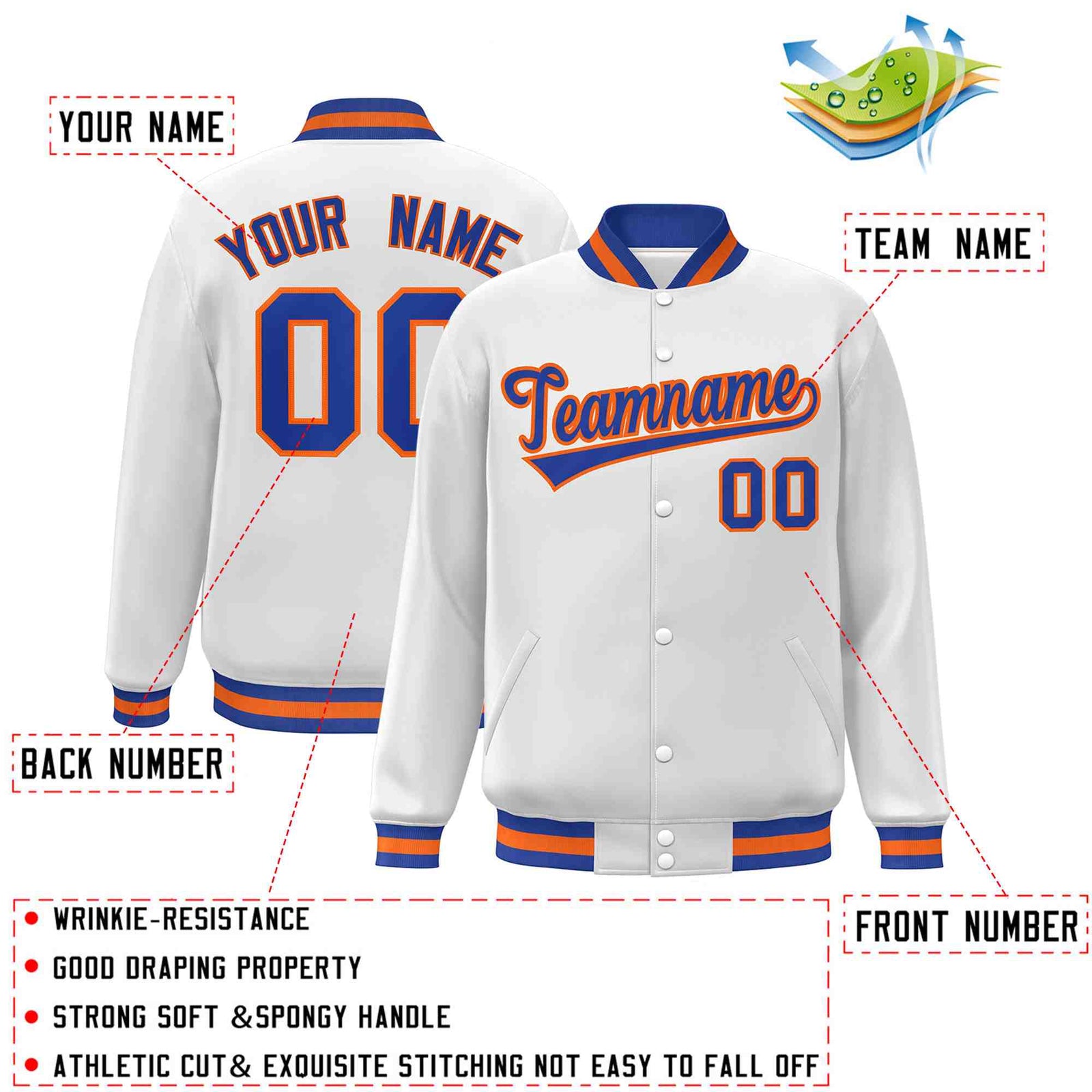 Custom White Royal-Orange Classic Style Varsity Full-Snap Letterman Jacket