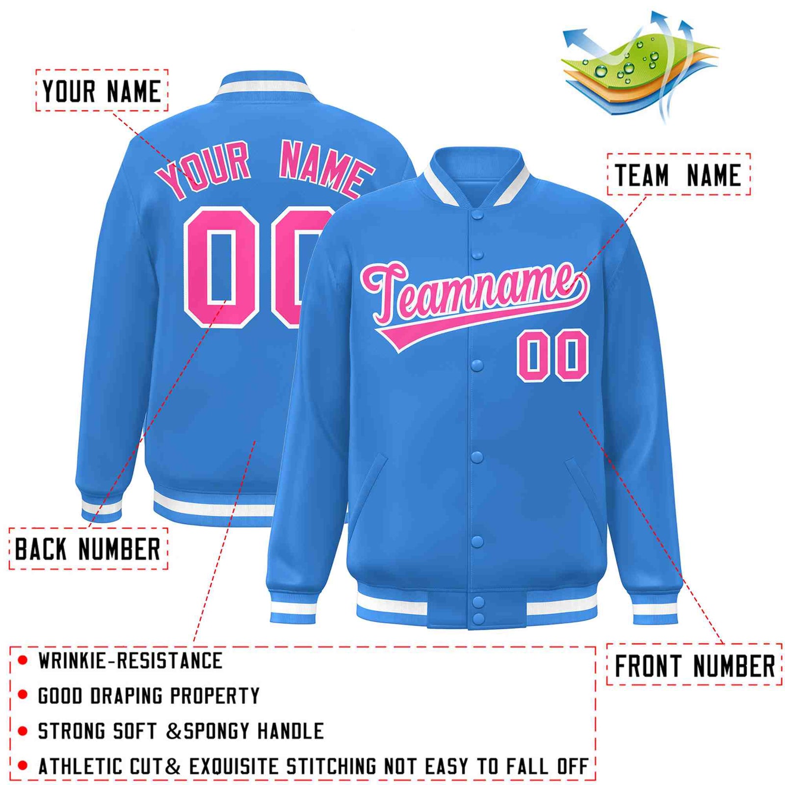 Custom Powder Blue Pink-White Classic Style Varsity Full-Snap Letterman Jacket
