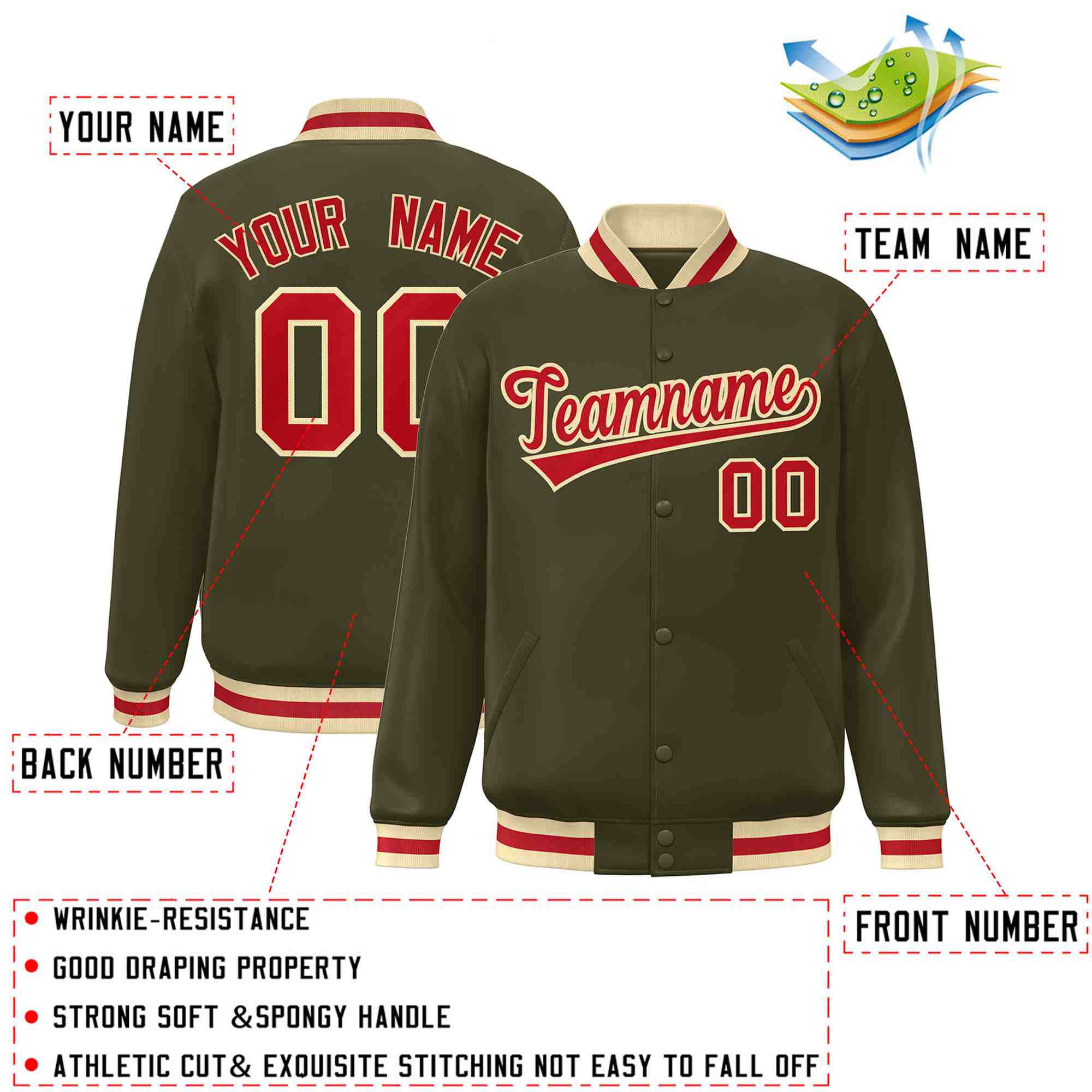 Custom Olive Red-Khaki Classic Style Varsity Full-Snap Letterman Jacket